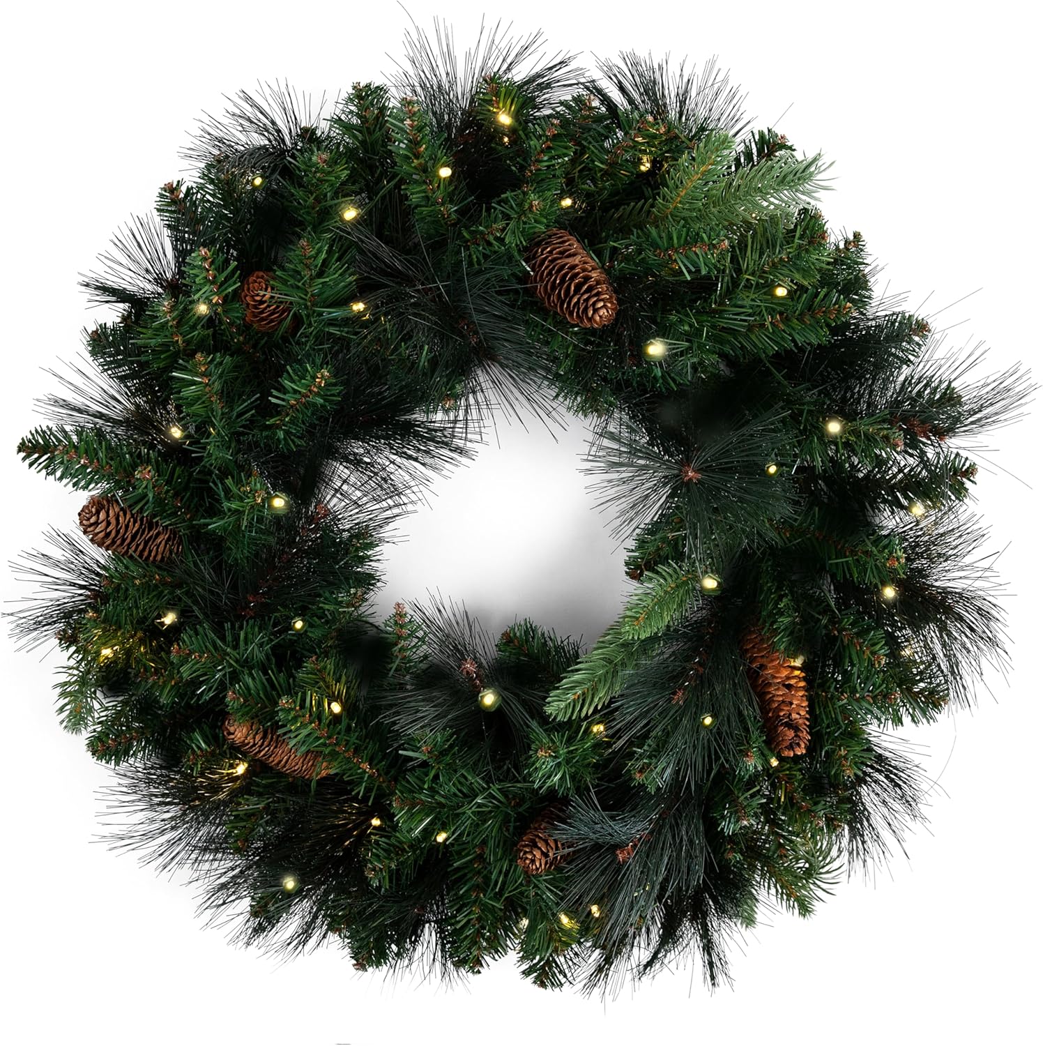 Papyrus 24" Pre-Lit Carolina Pine Artificial Wreath, Pine Cones, Warm White Light, Battery Powered, Indoor/Outdoor 24" Natural