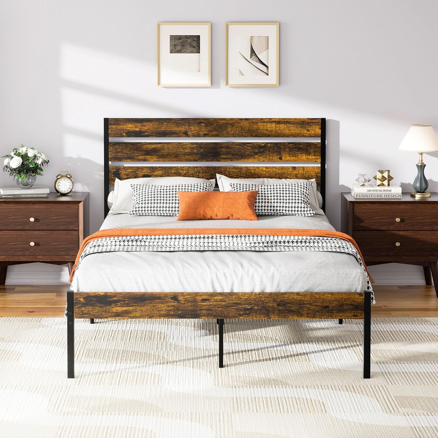 Shintenchi Full Size Metal Platform Bed Frame with Headboard & Footboard, Steel Slat Mattress Foundation, Under Bed Storage, Noise-Free, No Box Spring Needed, Black Round