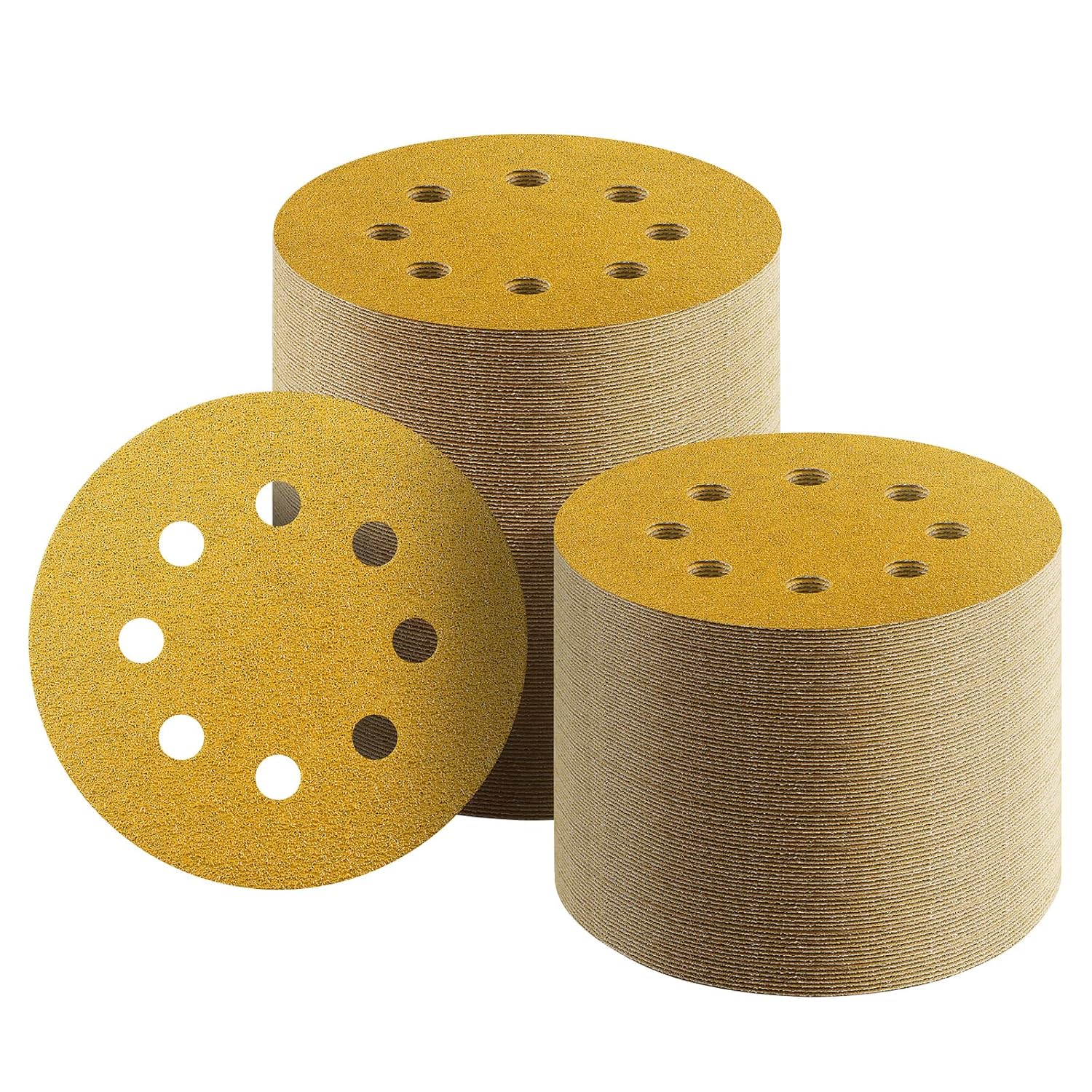 100 Pcs 5-Inch 8-Hole Hook and Loop Sanding Discs, 60/80/120/220/320 Assorted Grits Gold Sandpaper for Woodworking or Automotive 5 Inch Sanding Discs Gold Random Orbital Sander