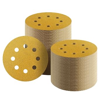 100 Pcs 5 Inch Sanding Discs Hook and Loop, 40 Grit Sandpaper for Woodworking or Automotive, 8 Hole Gold Premium Dustless Random Orbit Sandpaper