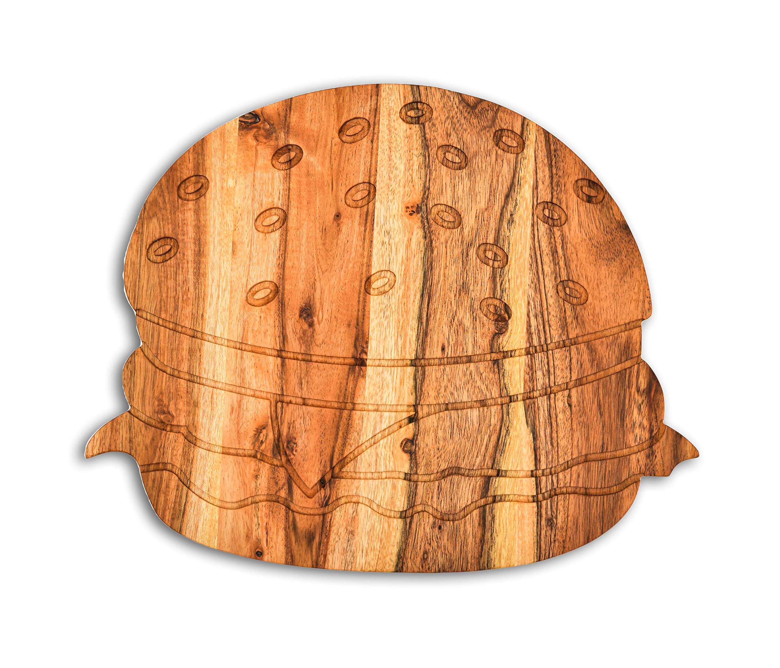 Totally Wood Burger Shaped Wooden Serving and Cutting Board for cheese Pizza with Juice Groove, Pre Oiled, 11"L x 14"W