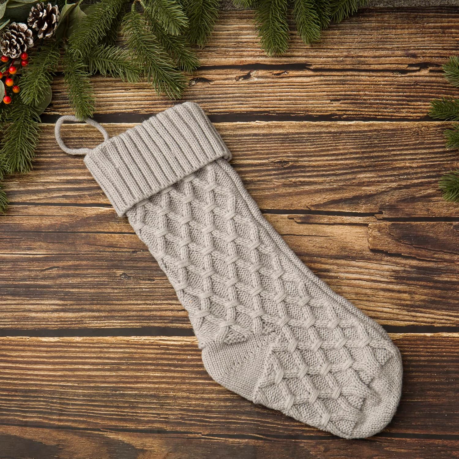 Large Rustic Yarn Christmas Stockings 4 Pack, Farmhouse Christmas Stockings Large Size Cable Knit Stockings, for Family Holiday Season Decor, Burgundy,Gray, Green and Ivory