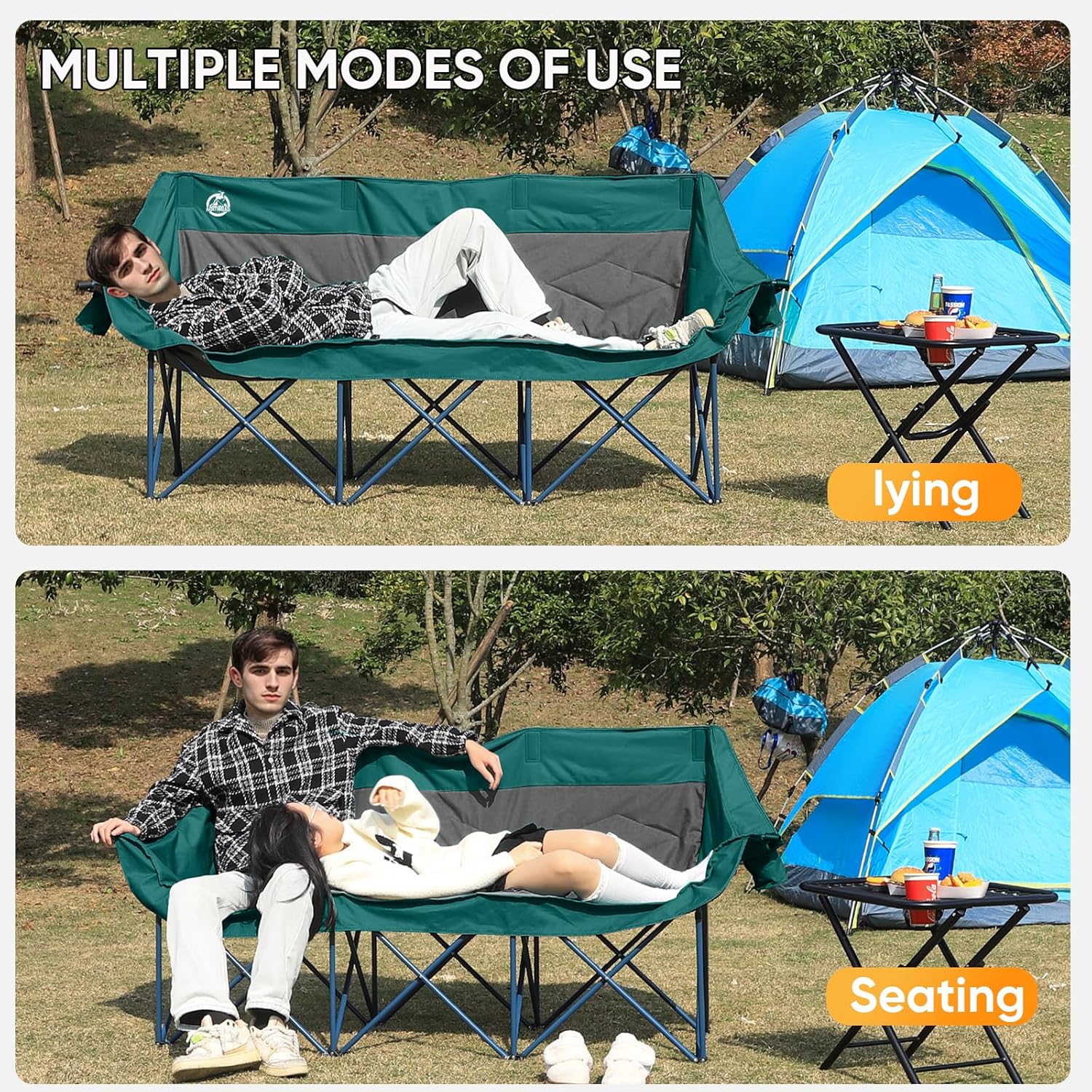 Northroad 3 Person Camping Chair Oversized 900 Lbs Outdoor Lawn Loveseat Chair Padded Folding Chairs for Adults Heavy Duty Soccer Chair w/Cup & Wine Glass Holder for Outside Picnic, Beach, Sports
