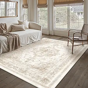 Area Rug 5x7 Cream Washable Living Room Beige Carpet Non Slip Vintage Medallion Low Pile Soft Indoor Bedroom Retro Distressed Indoor Rug for Kitchen Home Office Laundry Dining Room