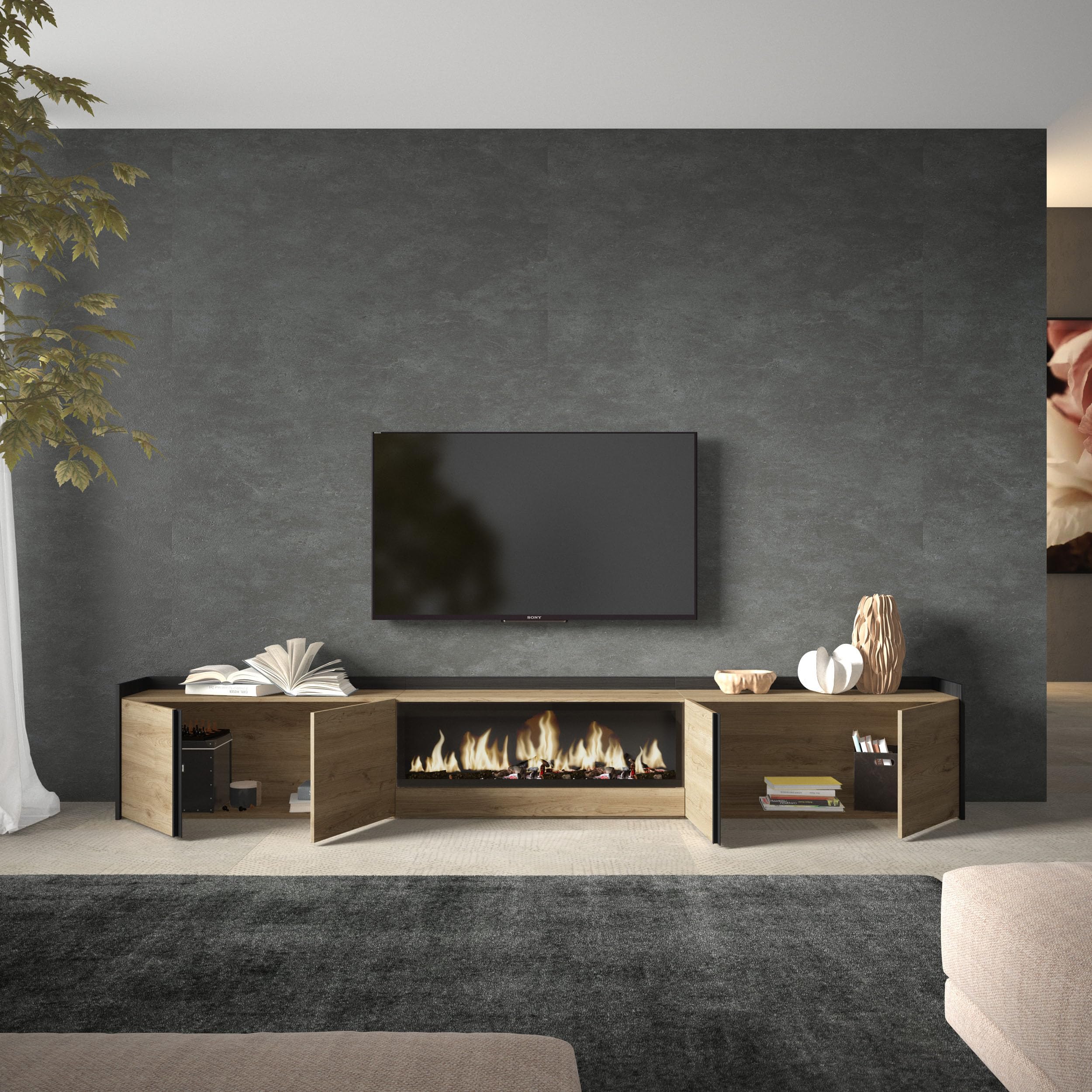 Skraut Home | Mueble TV | Muebles de salón, almacenaje | 315x50x35 cm | para televisión hasta 80" | Chimenea eléctrica XXL | Estilo Moderno | Roble y Negro