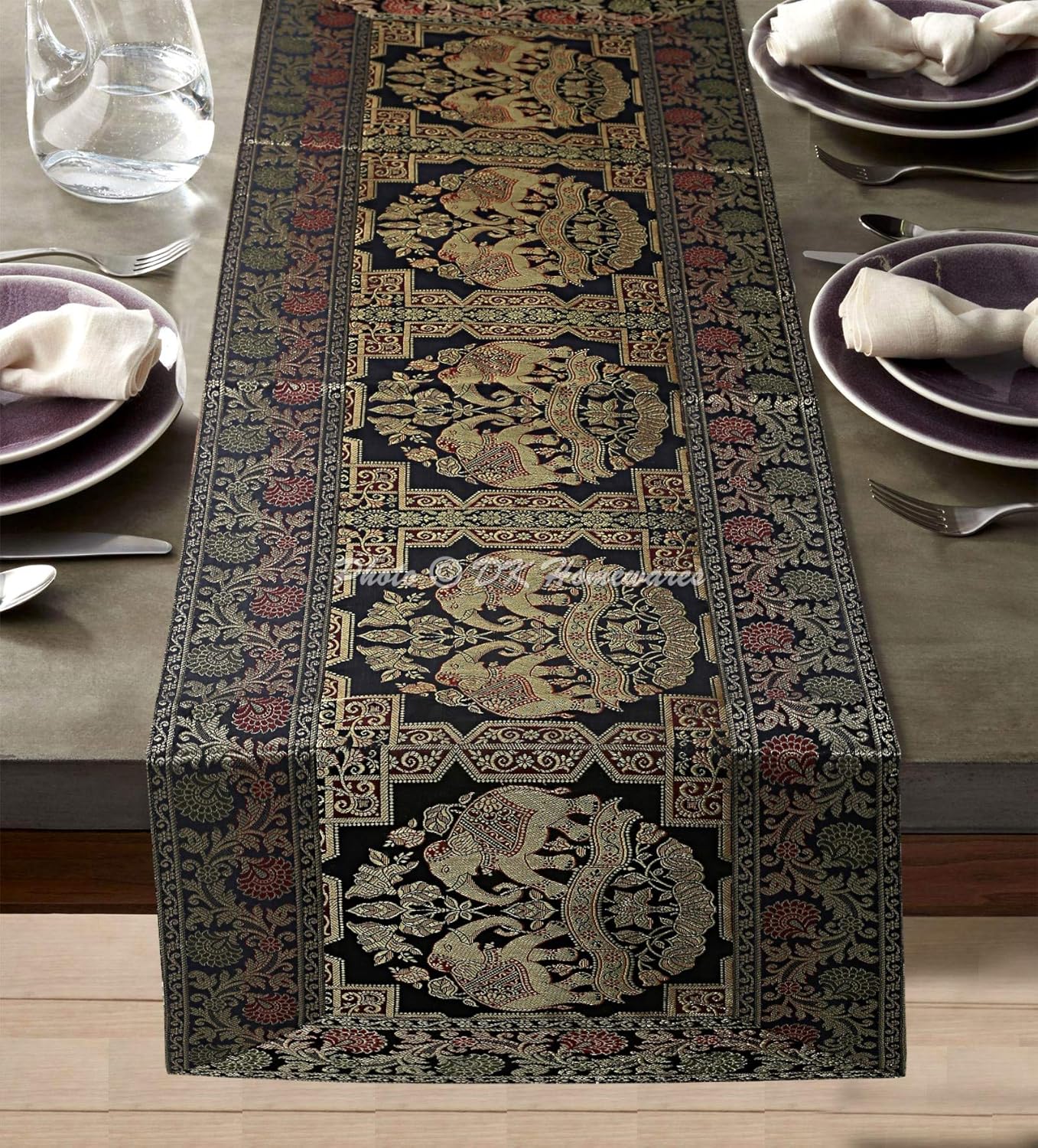 Traditional Birthday Parties Dining Decor Brocade Centerpiece Black Gold 150 X 40 Cm Jacquard Elephant 5 Foot Table Runner (60 X 16 Inches)