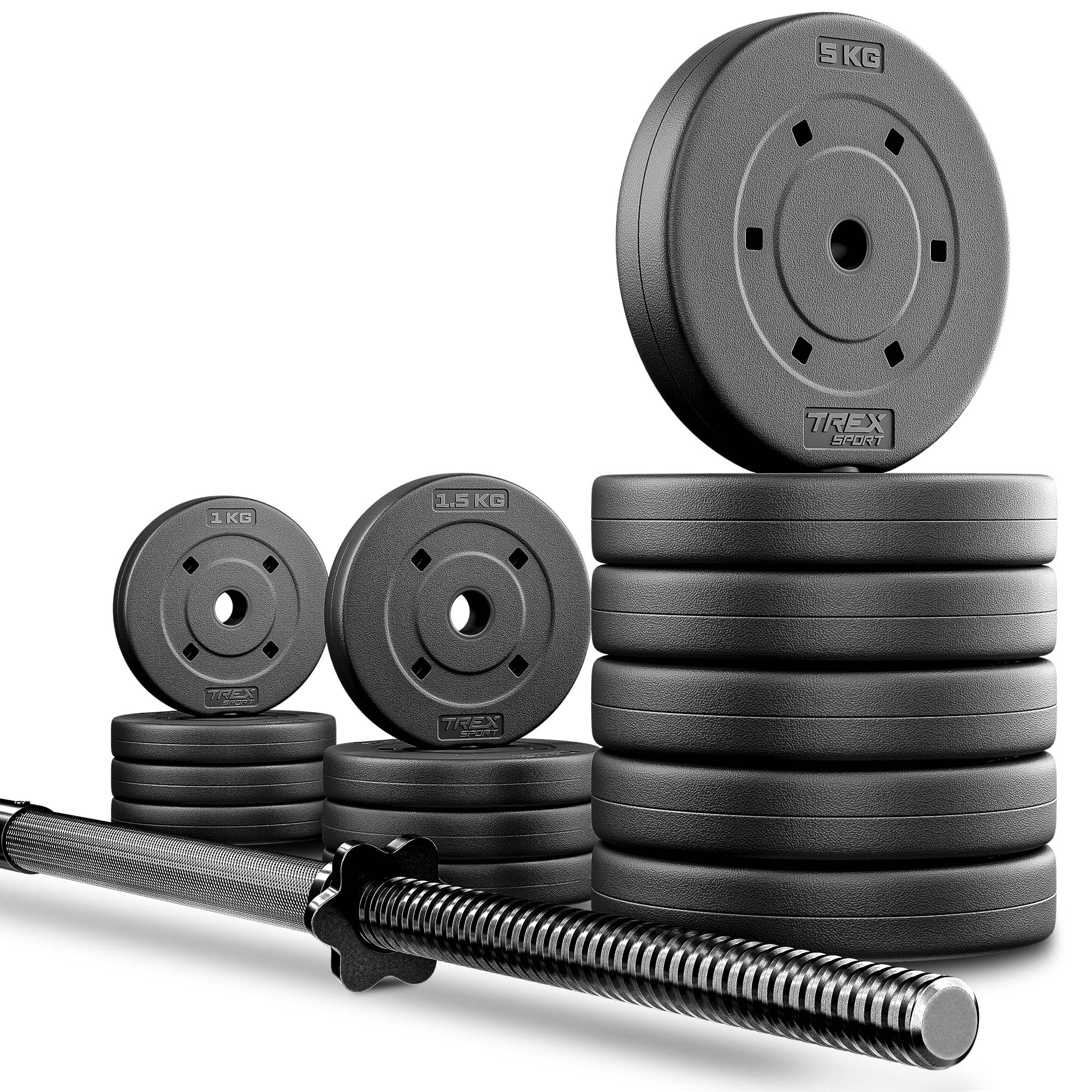 TREX SPORT Hantelscheiben Set 46kg | Hantelset mit Langhantelstange 150cm | Kunststoff Langhantel, Sternverschlüsse, langlebig, Home Gym Krafttraining