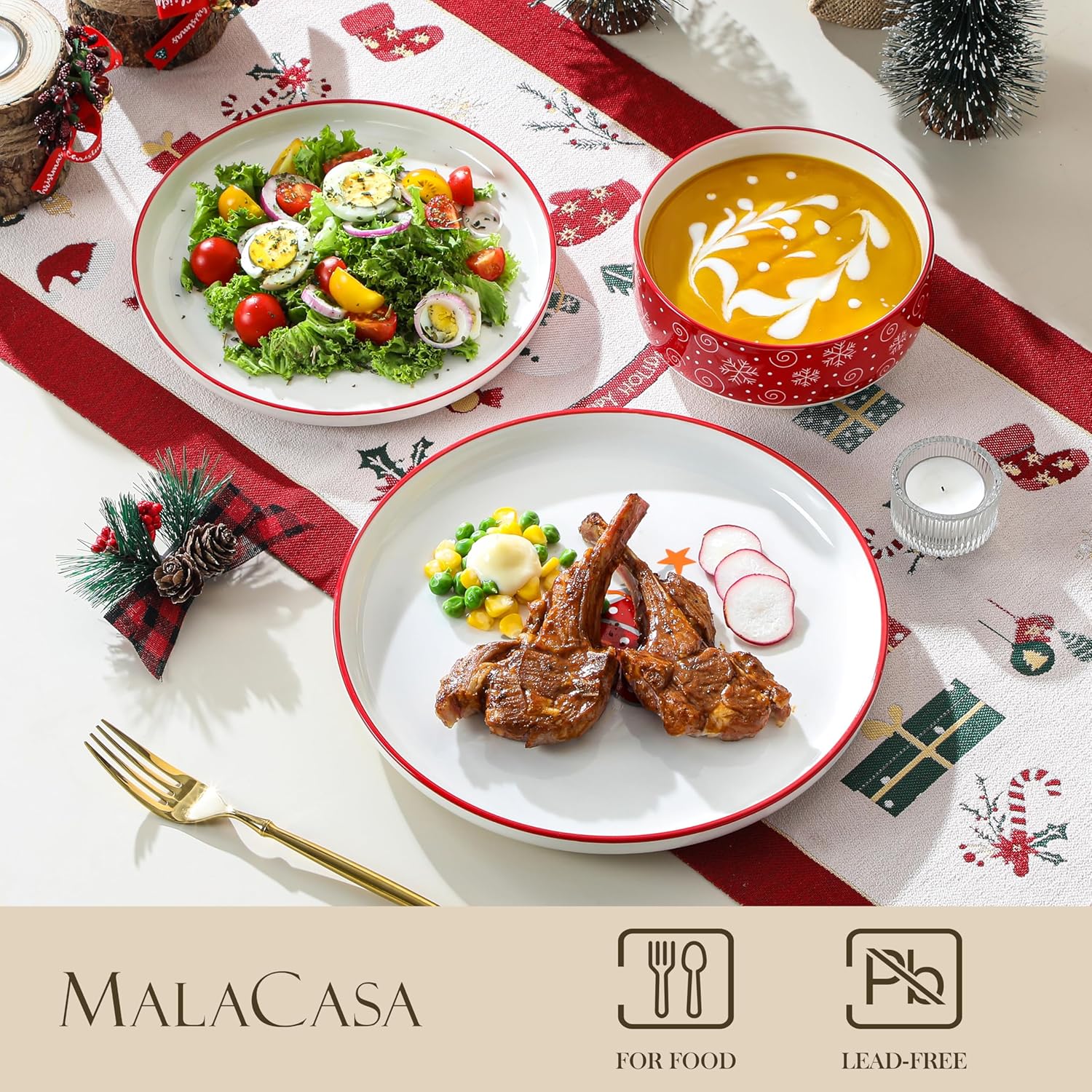 MALACASA Plates and Bowls Sets, 12 Pieces Christmas Porcelain Dinnerware Set for 4, Ceramic Dishware Dishes Kitchen Dining Ware Set, Microwave and Dishwasher Safe, Series LUNA-Christmas Tree