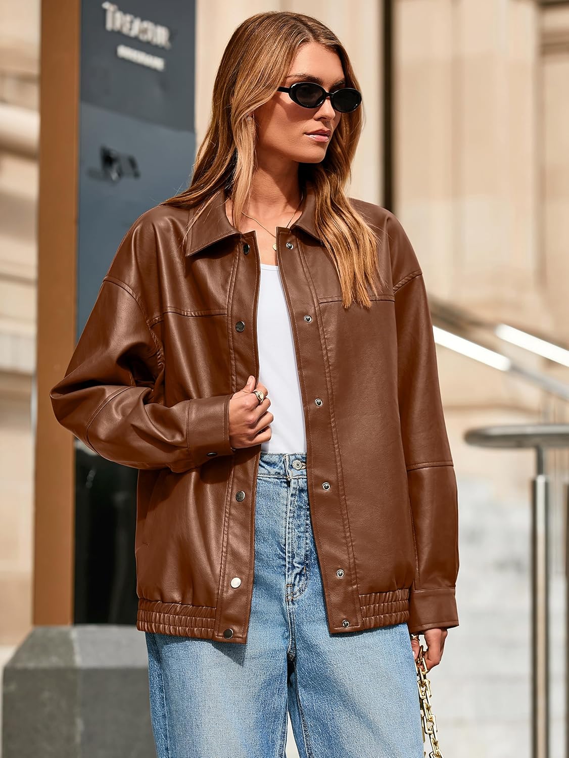 Glamaker Womens Faux Leather Jacket Trendy Outfits Loose Fit Button Down Motorcycle Bomber Jackets Fashion Fall Winter Coat - Image 5