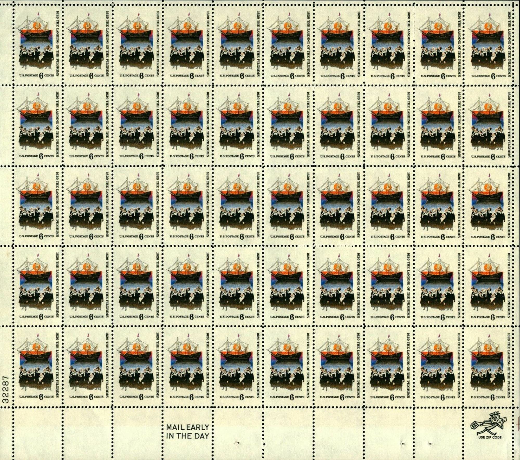 Mayflower and Pilgrims Full Sheet of 50 X 6 Cent Stamps Scott #1420