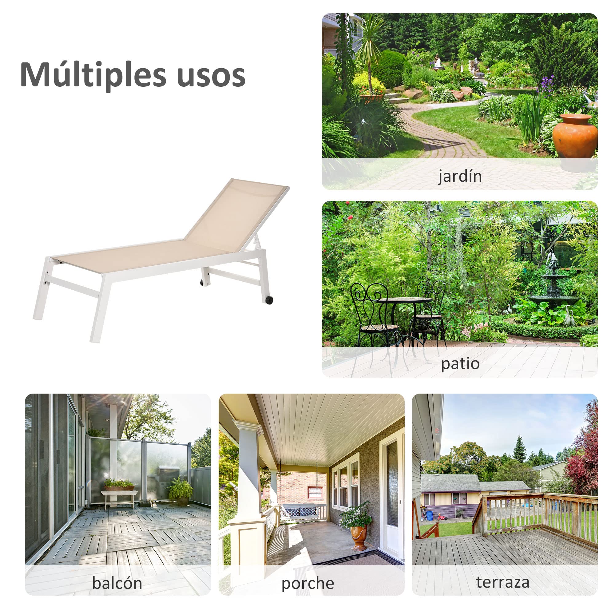 Outsunny Tumbona de Jardín de Aluminio Tumbona Exterior con Respaldo Reclinable en 5 Posiciones Ruedas Carga 120 kg para Patio Terraza 169x65x102 cm Caqui