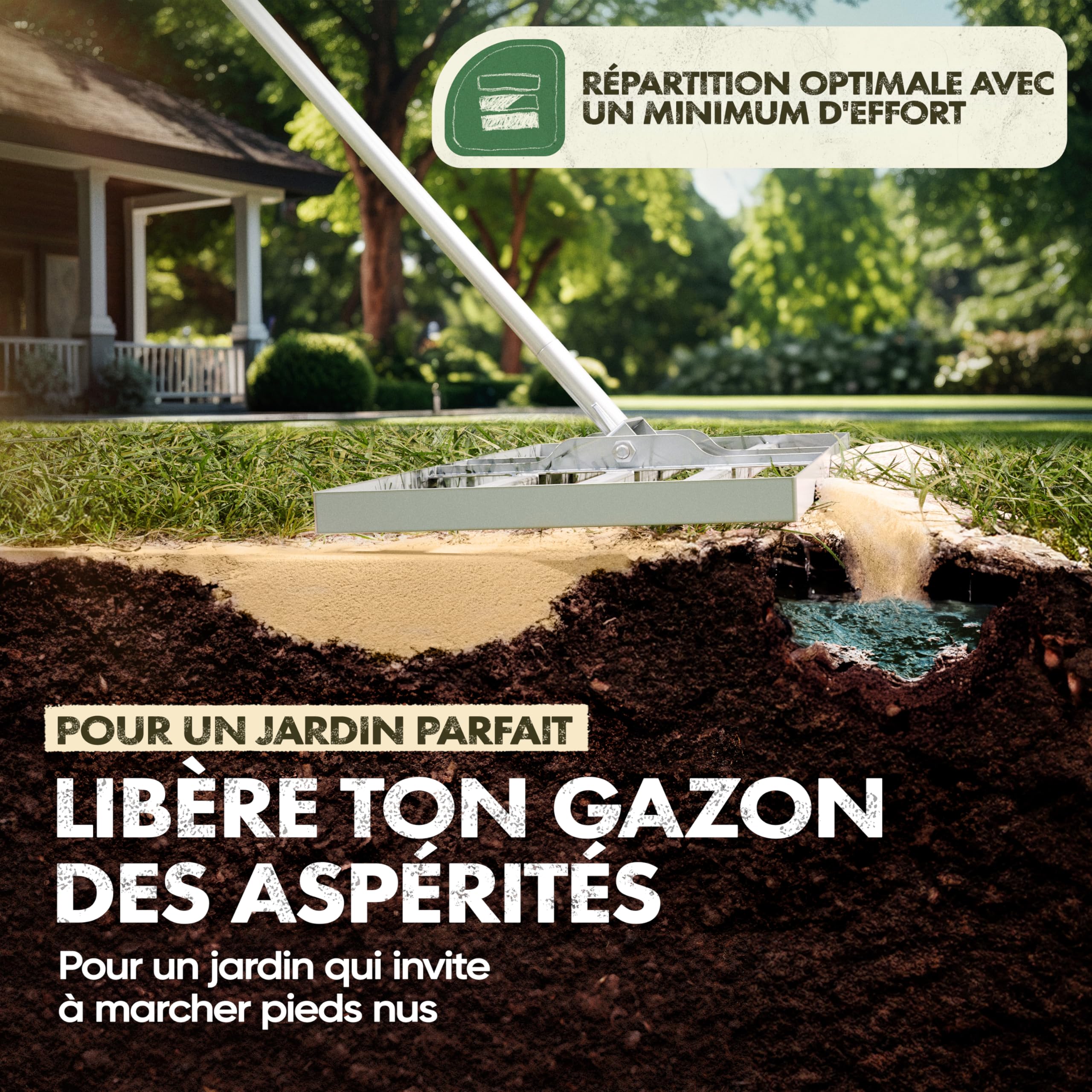 GARLINGO Râteau à gazon | 75 x 35 cm | Avec manche métallique de 1,7 m | Râteau à gazon pour ratisser la pelouse, niveler le sable de la pelouse, aérateur niveleur de pelouse avec râteau
