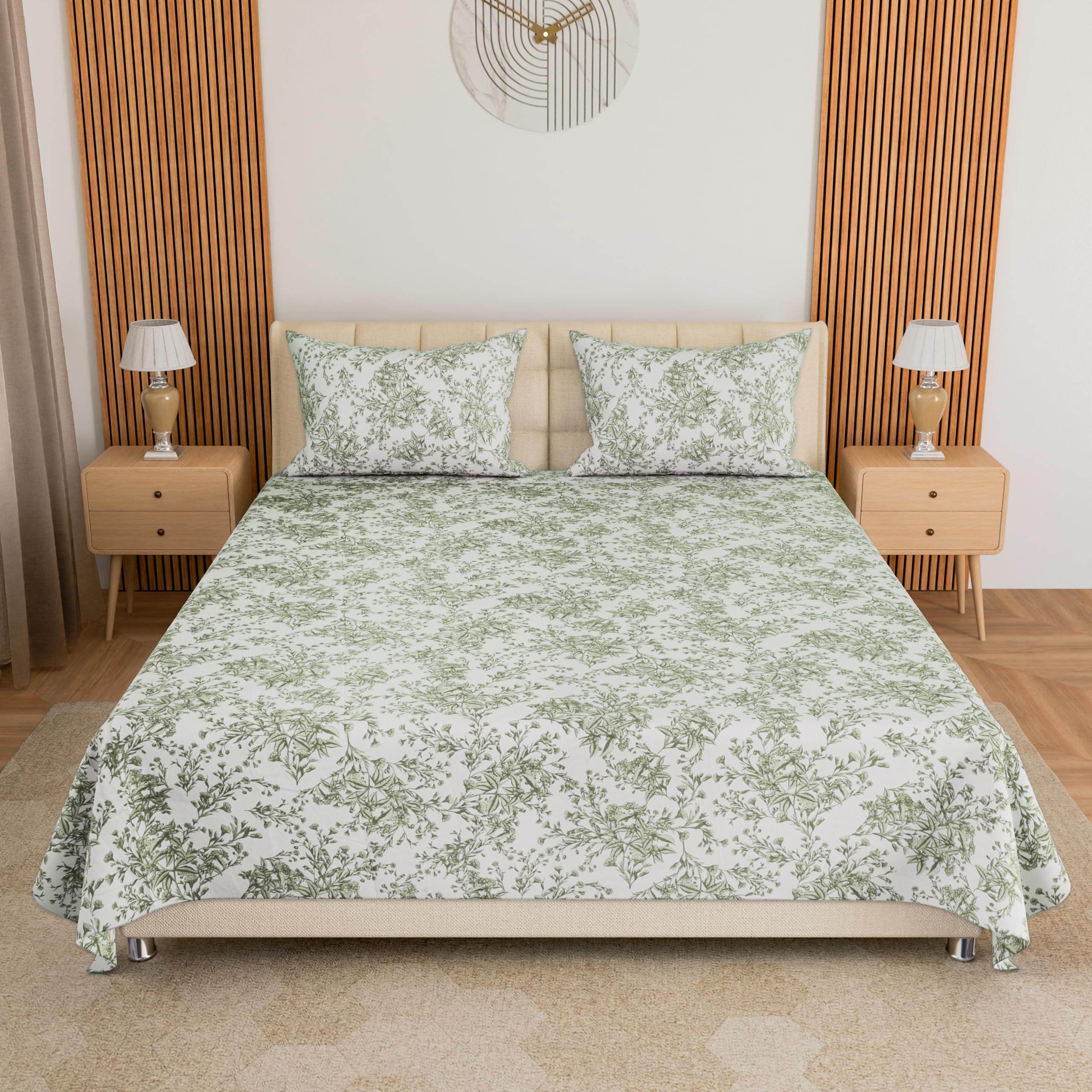 LINENWALAS 100% Cotton Twill King Size Bedsheet with 2 Pillow Covers | Soft, Breathable & Floral Printed Bedsheet for King Bed |300 TC | Wrinkle-Resistant, Fade-Proof (274 x 274 CM, Green Botanical)