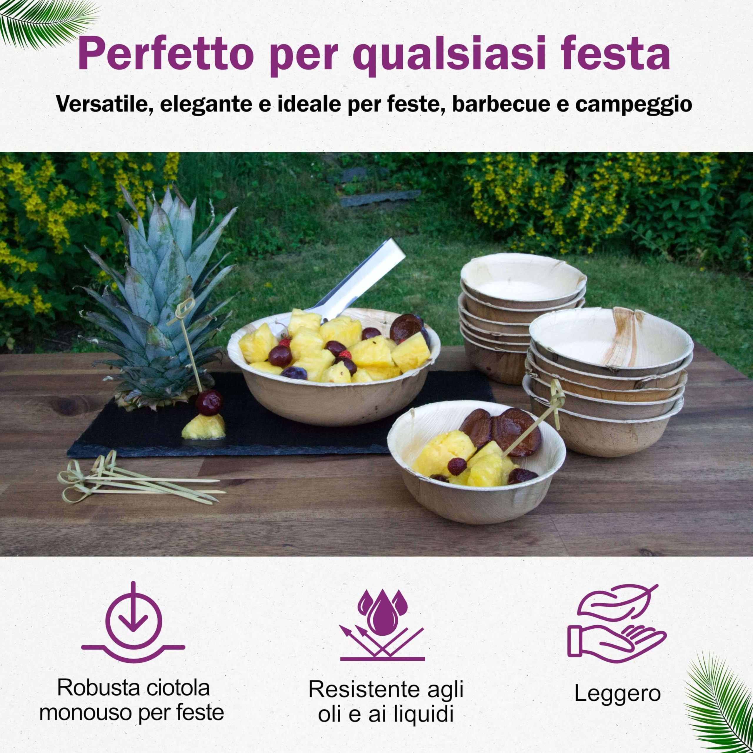 Ciotole in Foglia di Palma Ecologici - 25 Pz 11 cm / 200 ml - Stoviglie usa e getta Compostabili di Alta Qualità - Eleganti e Resistenti - Simile al Bambu - Ideale per Feste