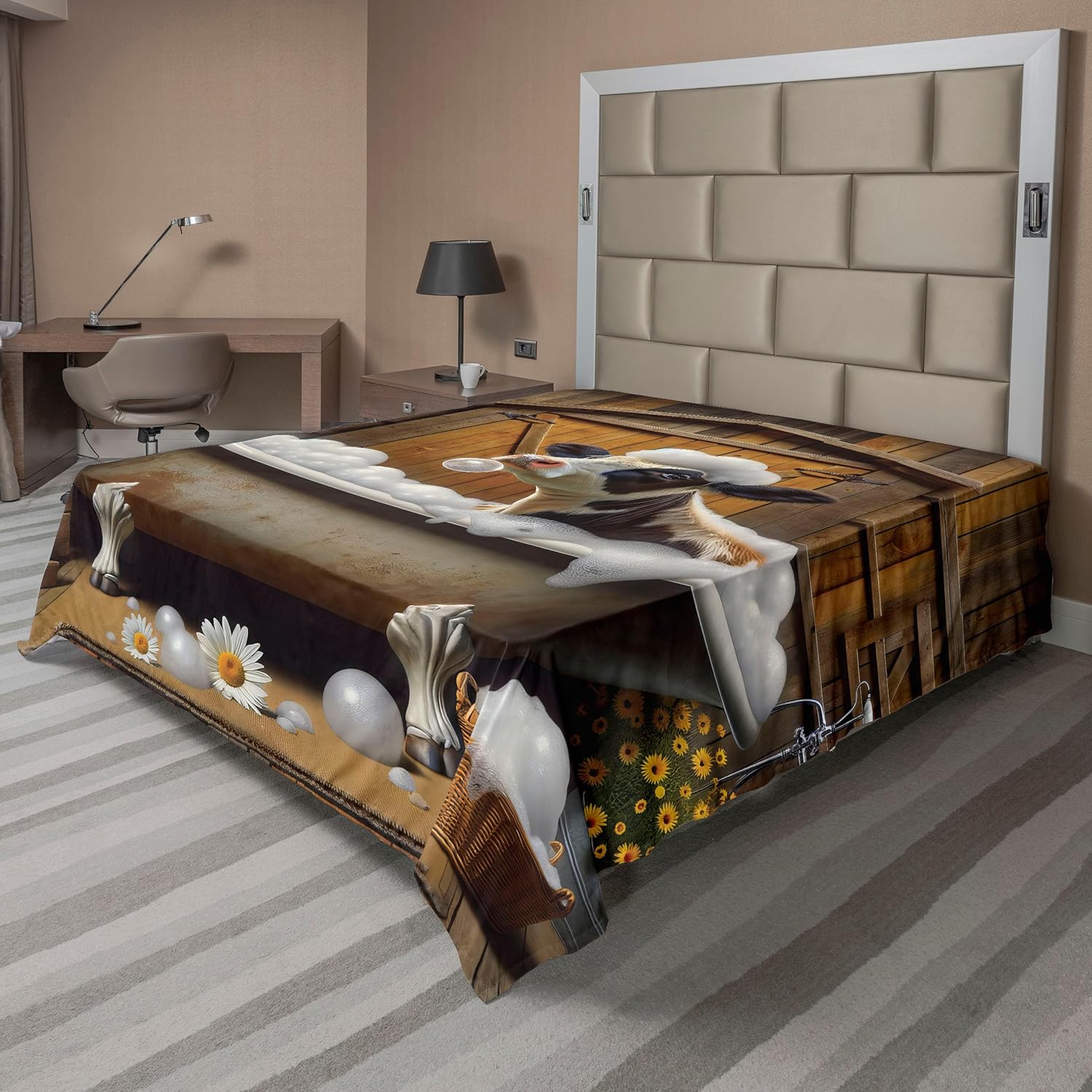 Ambesonne Rustic Flat Sheet, Southwestern Themed Ornaments with a Cow Monochrome Detailed Sketch Art, Soft Comfortable Top Sheet Decorative Bedding 1 Piece, Queen Size, Charcoal Grey and White