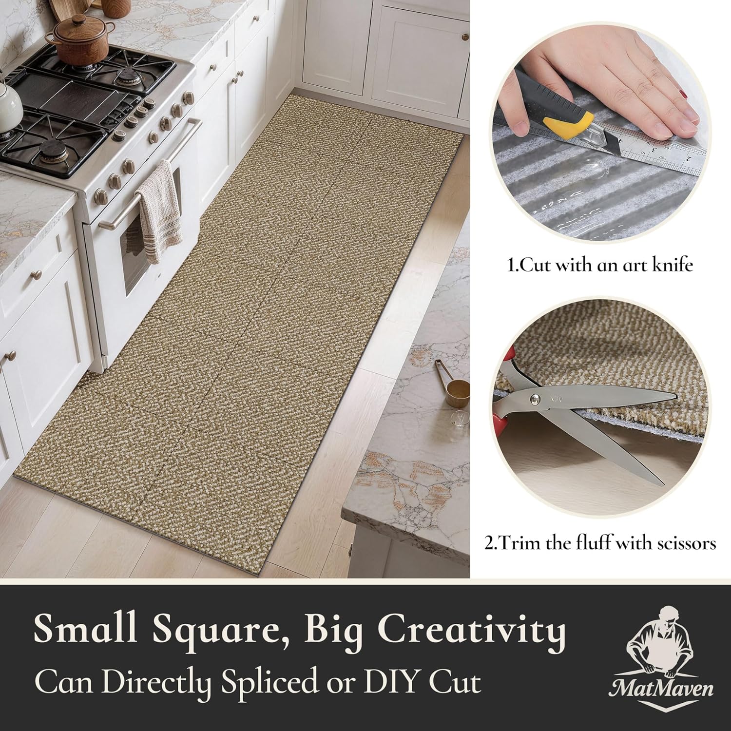 Kitchen Rugs, 12"x12" Super Absorbent and DIY Square Kitchen Mats, 6 Picecs Soft Kitchen Floor Mat,Non Slip Machine Washable Rug for Bedroom,Office,Sink,Laundry,Carpet Mats,Beige - Image 9