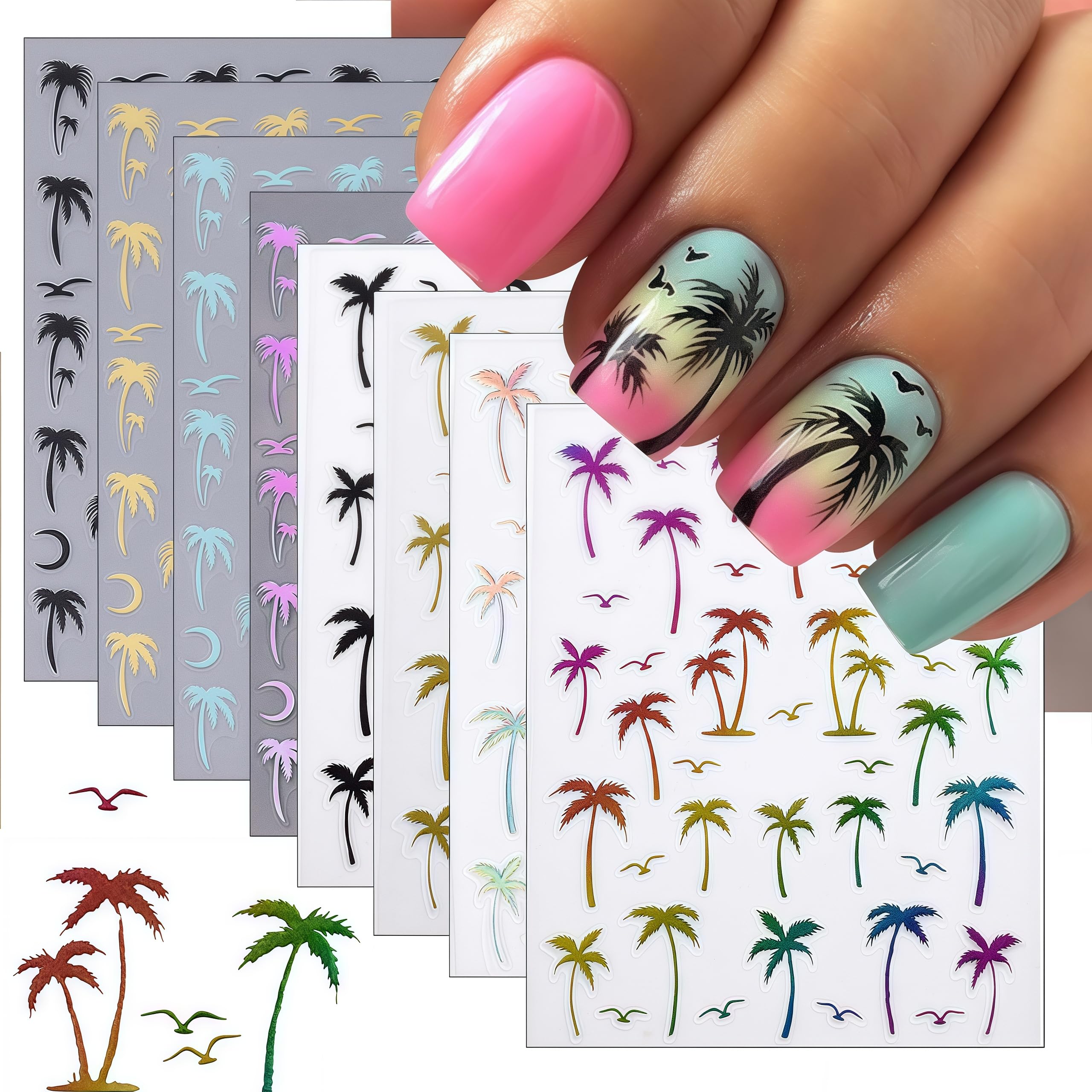 8 Sheets Tropical Palm Tree Nail Art Stickers Coconut Trees Decals Multi-Color Holographic Gradient Design with Birds and Moon Summer Beach Theme Sliders for Women Manicure Decorations