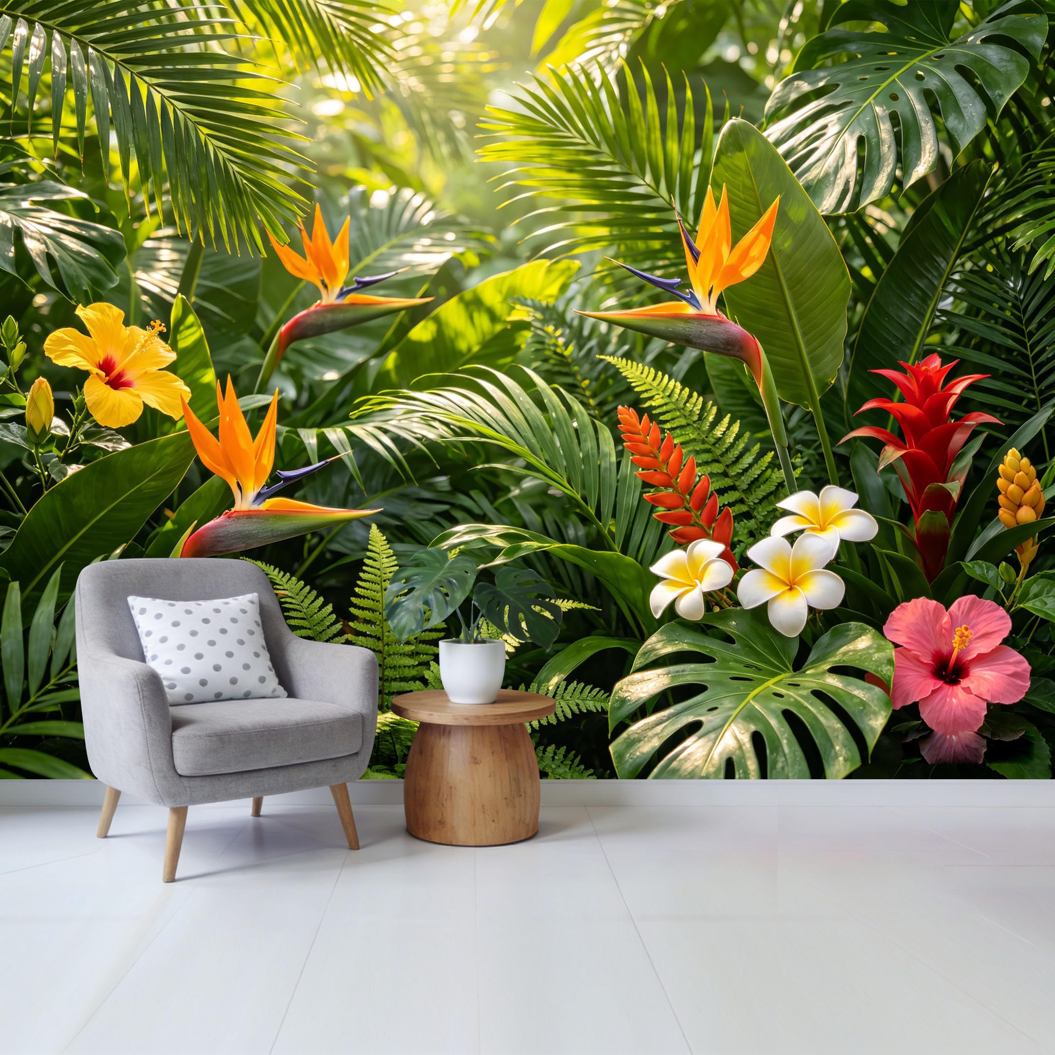 Qzlithotic Yq2605250960 Custom Size Wall Mural Tropical Jungle Bird Of Paradise Hibiscus Flower Botanical Style Selfadhesive Wall Fabric Removable Wallpaper For Home Office Decor