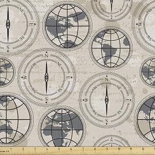 Ambesonne Compass Fabric by The Yard, World Map Pattern with Aged Background Maritime Directions Continents, Decorative Fabric for Upholstery and Home Accents, 2 Yards, Grey Black