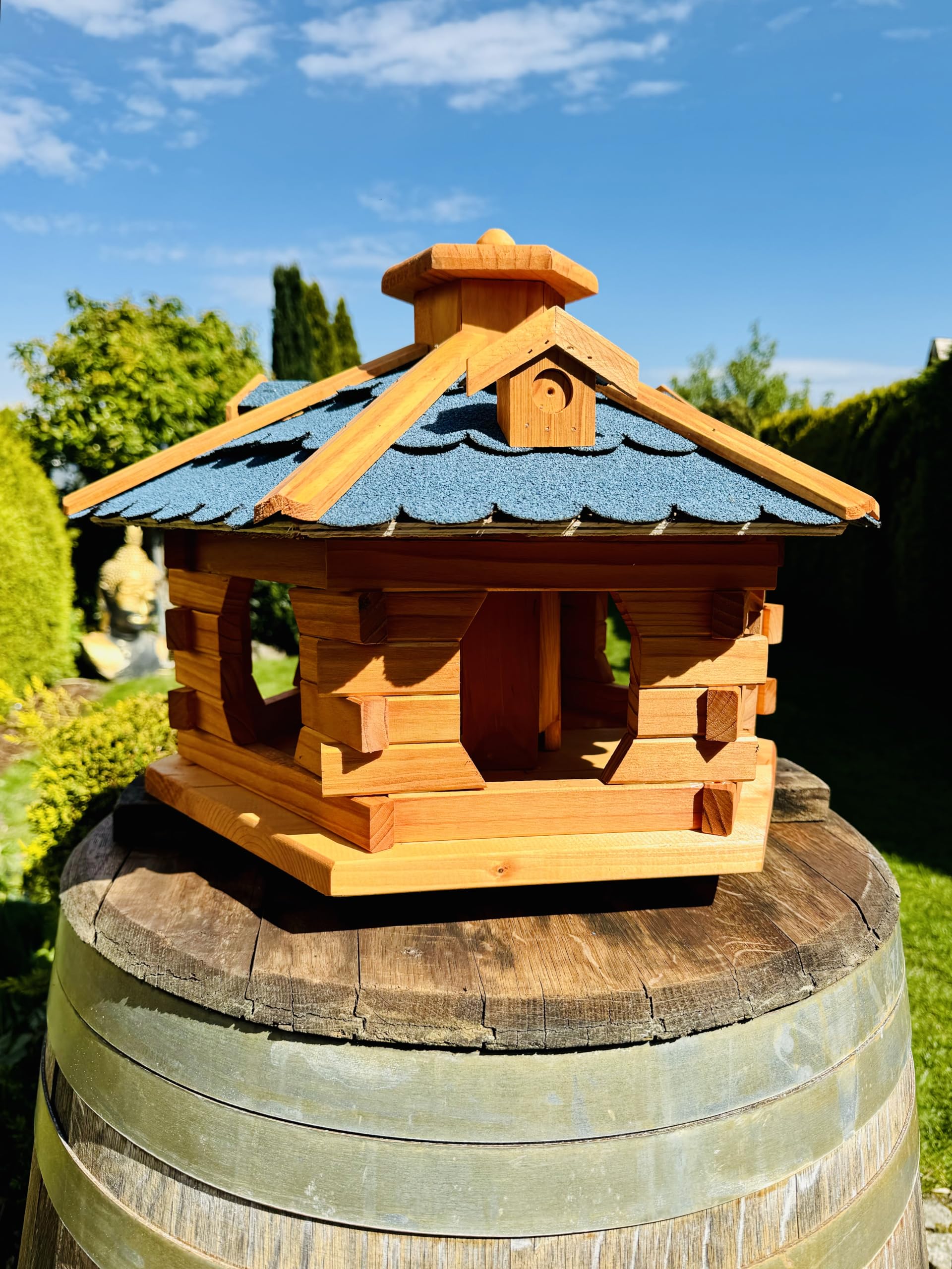 Mangiatoia per uccelli a forma di casetta XL, in legno, colore: marrone/blu