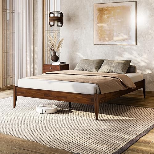 Miniatura 23 de Bme Dinkee Marco de cama característico de 15 pulgadas sin cabecero - Estilo moderno y minimalista con madera de acacia - 12 soportes de listones de