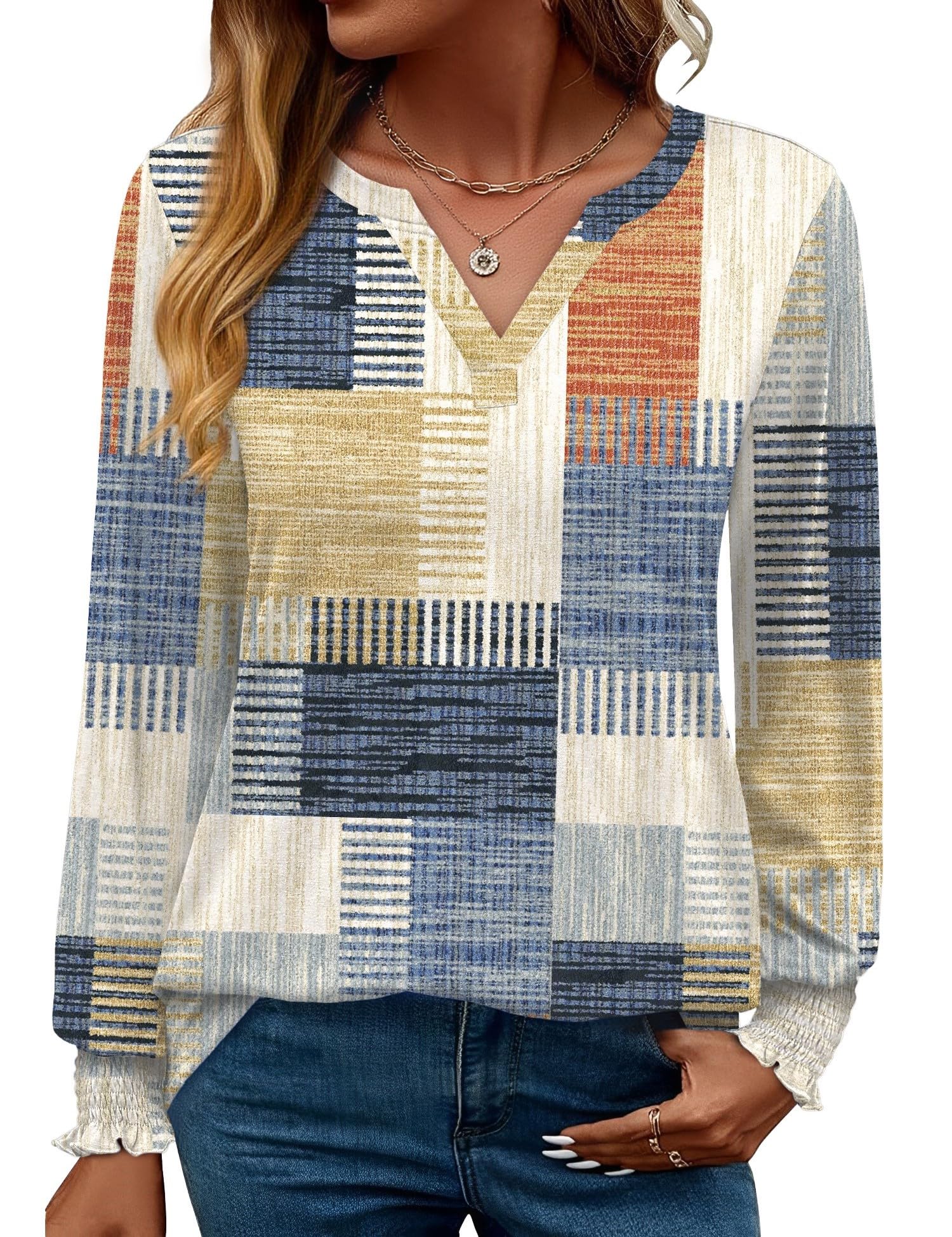 Rapbin Damen Bluse Langarm Tops Elegant Locker V-Ausschnitt Oberteile Shirt Casual Herbst Tunika