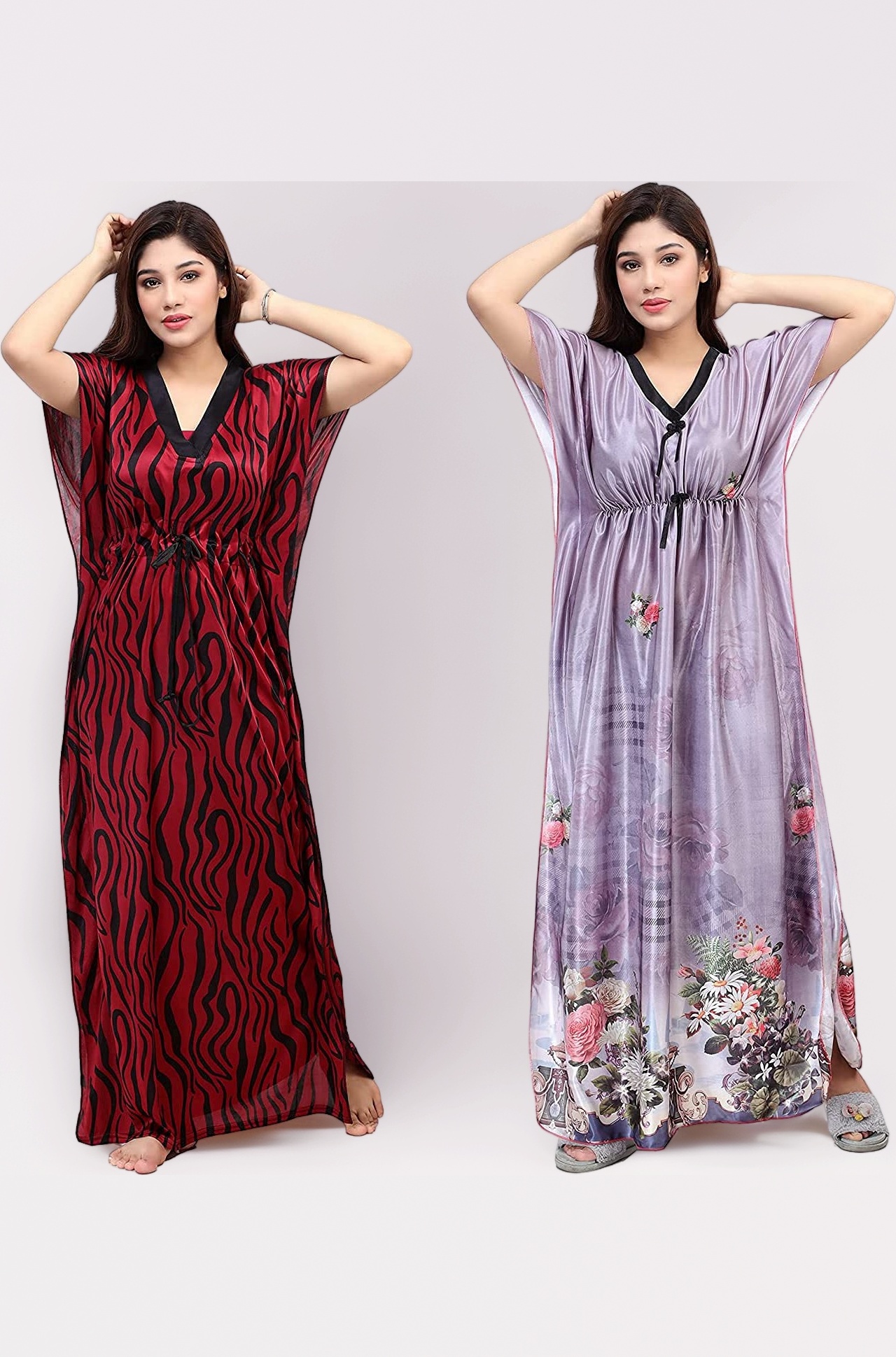 G4Girl Women's Silk Geometric Print Maxi Kaftan Night Gown (Pack of 2)