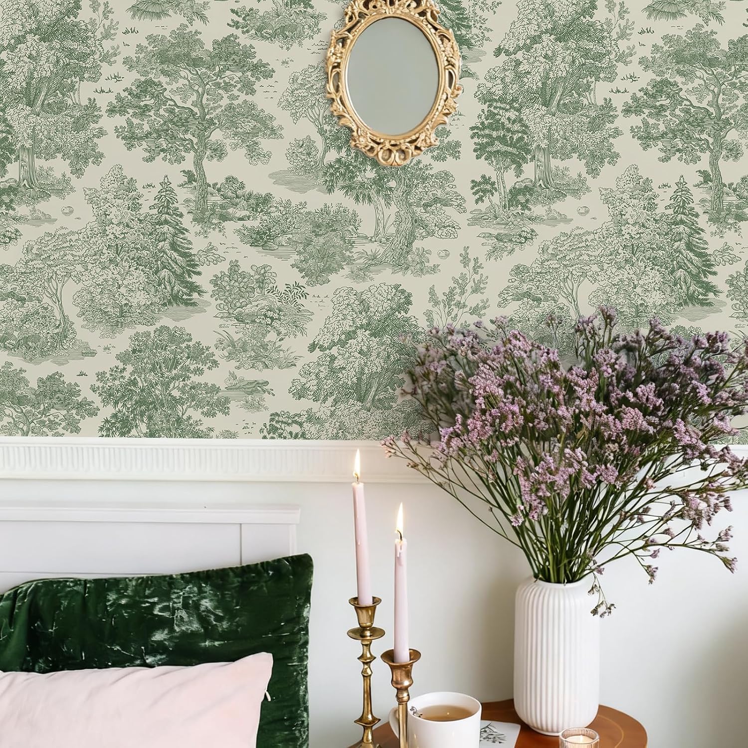 VEELIKE Green Toile Peel and Stick Wallpaper Vintage Landscape Forest Wallpaper for Bedroom Living Room 17.7''x354'' Green Chinoiserie Wall Paper Peel and Stick Toile Contact Paper for Cabinets Walls