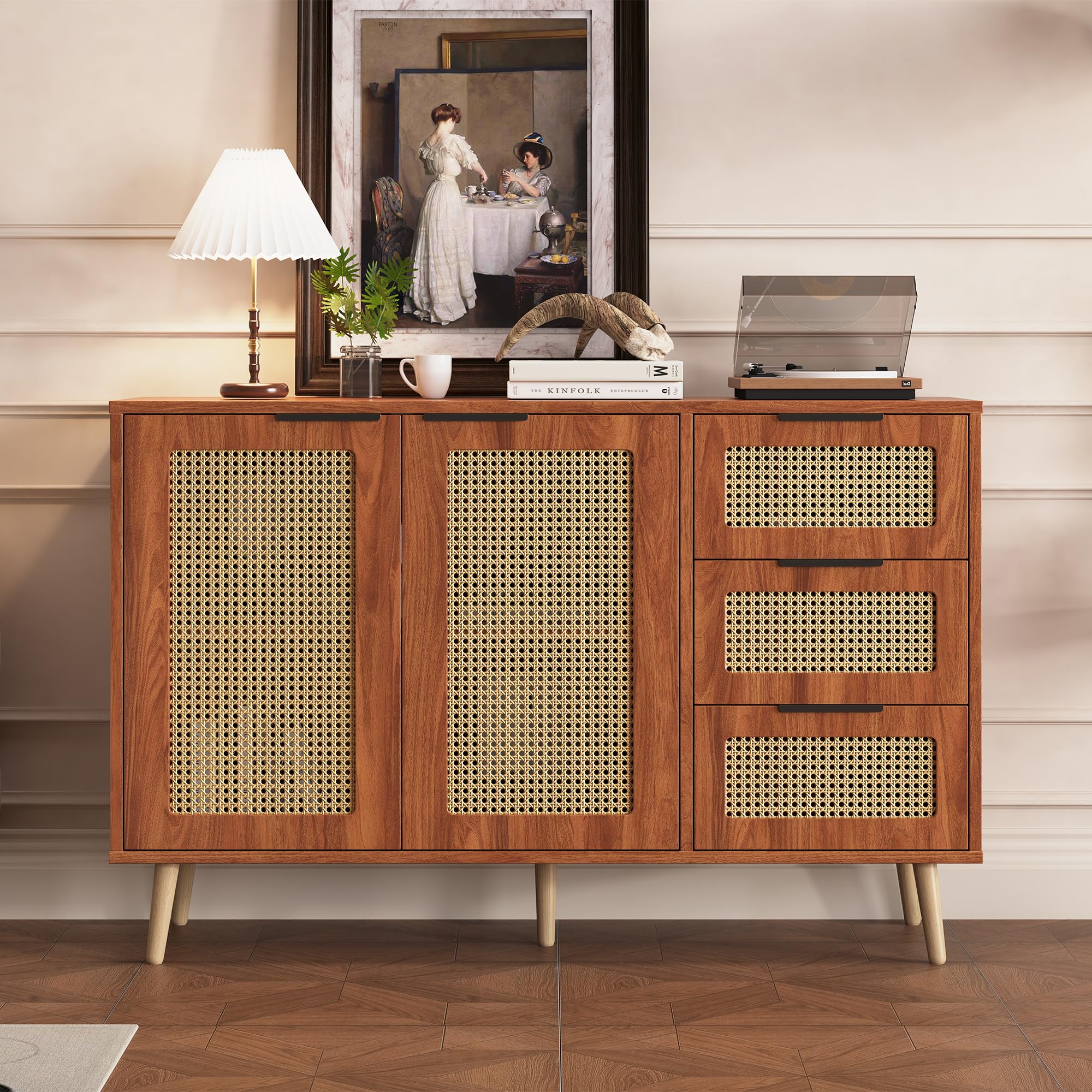 Moimhear Aparador vintage de ratán con 2 puertas y 3 cajones, equipado con asas negras para comedor, cocina y salón (nogal)