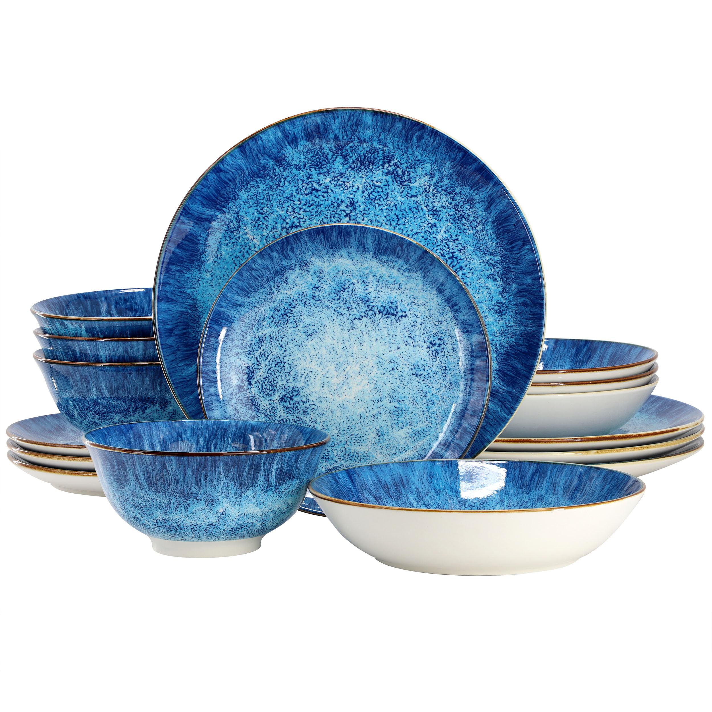Elama Oceanus 16 Piece Porcelain Double Bowl Dinnerware Set in Blue, Tableware Service for 4
