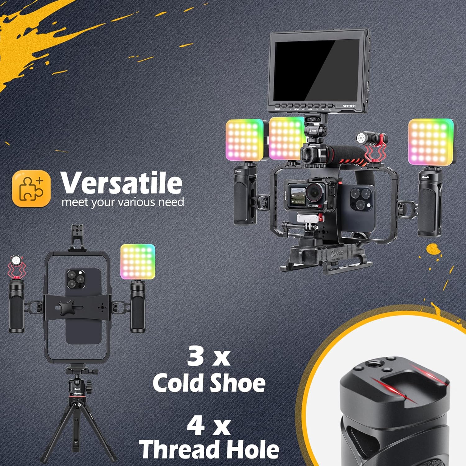 Zeadio Camera Handheld Stabilizer with Aluminum Smartphone Video Cage Rig, Triple Cold-Shoe Handle Grip, Compatible with All Camera Action Camera DSLR Smartphones