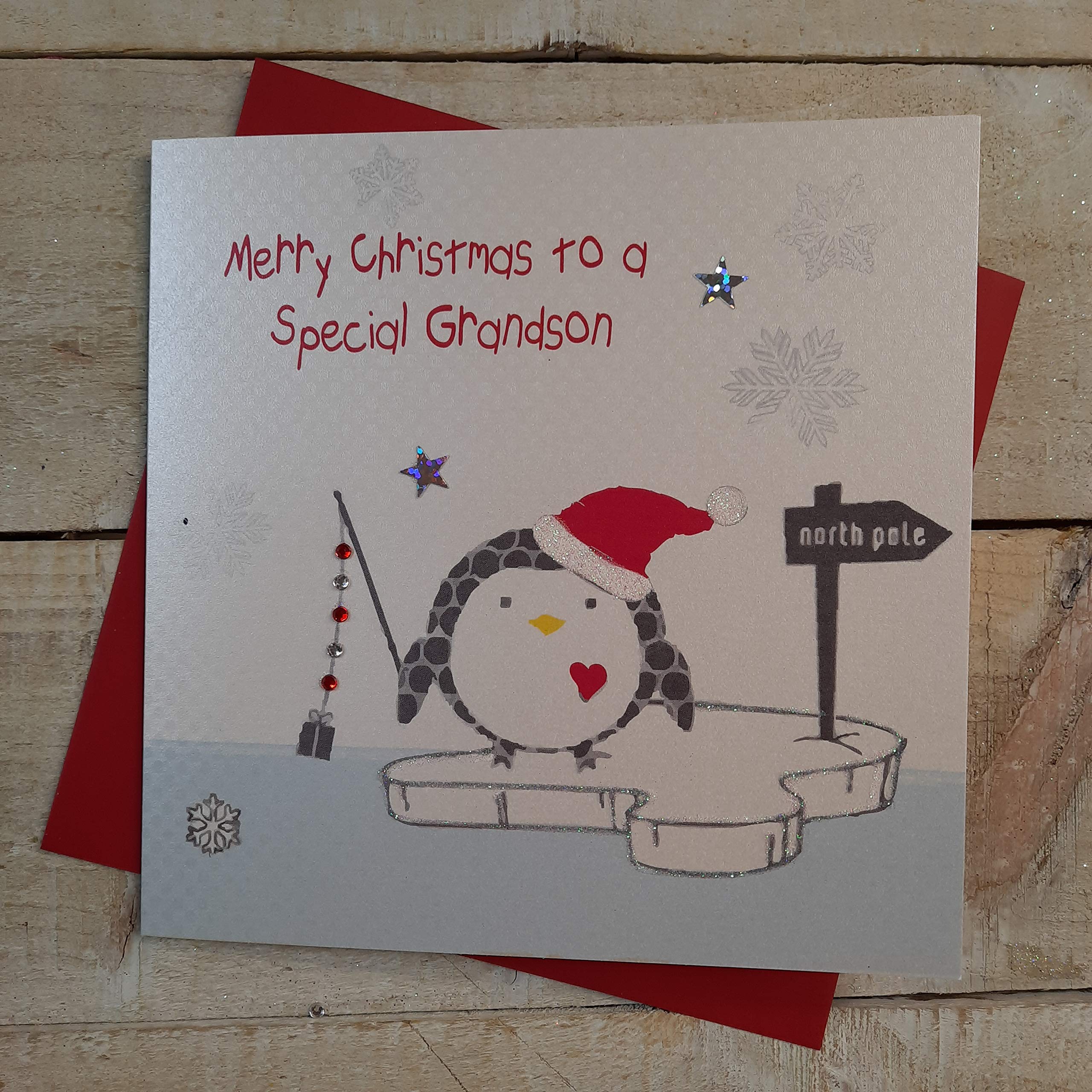 White Cotton Cards X144 Special Grandson Handmade Christmas Card With Penguin Design,