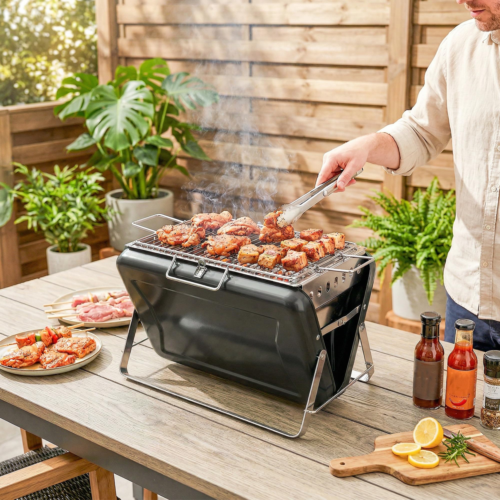Outsunny Barbacoa portátil de carbón Plegable Negro | Con asa, patas plegables, para camping, jardín, cocina al aire libre.