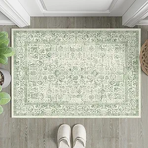 Sage Green Area Rug 2x3 Washable Vintage Distressed Entryway Carpet Non Slip Neutral Door Mat Low Pile Retro Floral Farmhouse Accent Throw Small Rug for Bathroom Laundry Kitchen Dining Room