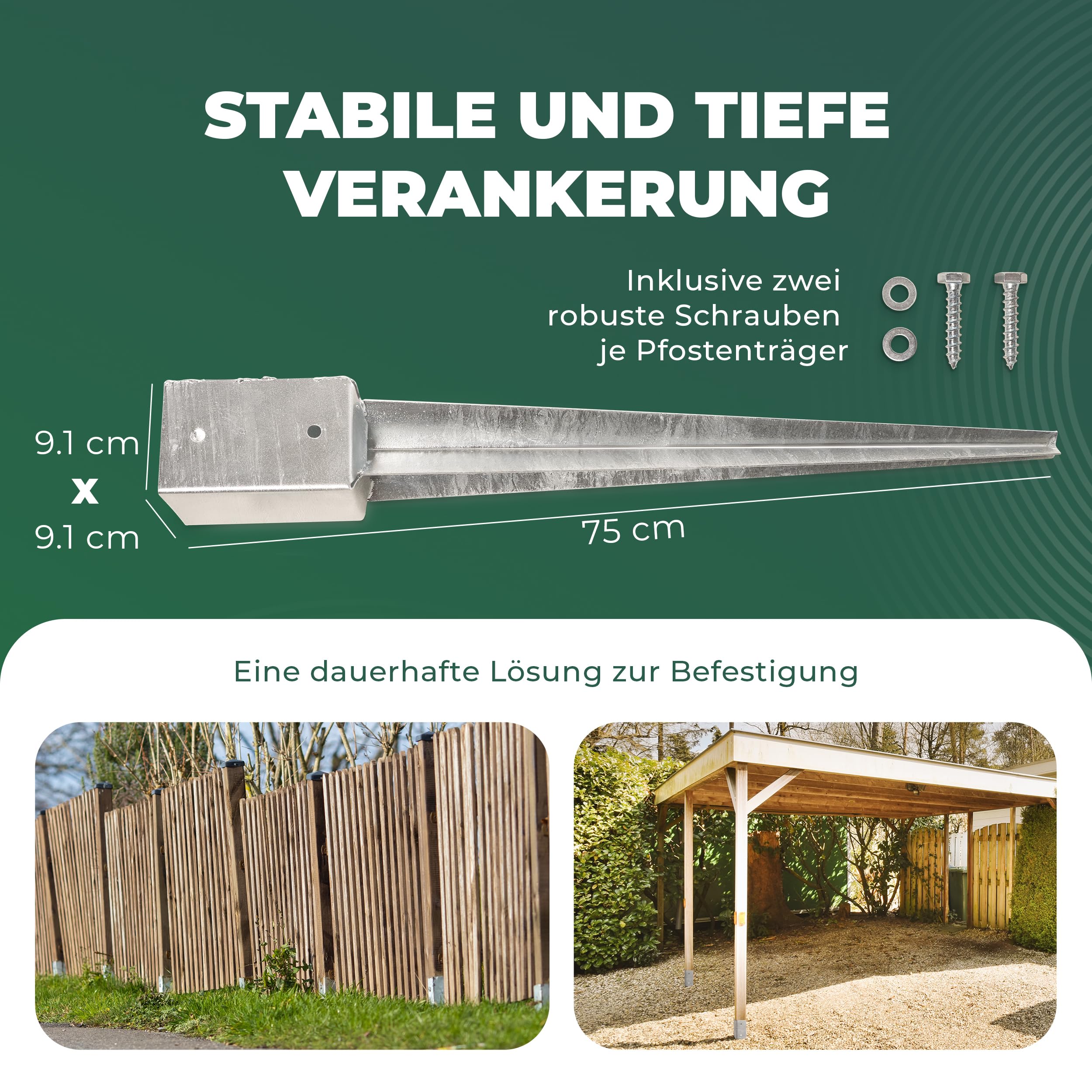 Novatool Set di 8 manicotti per pavimento, 91 x 91 x 750 mm, manicotto per ombrellone, pali in legno, picchetto di ancoraggio a terra, zincato, con viti