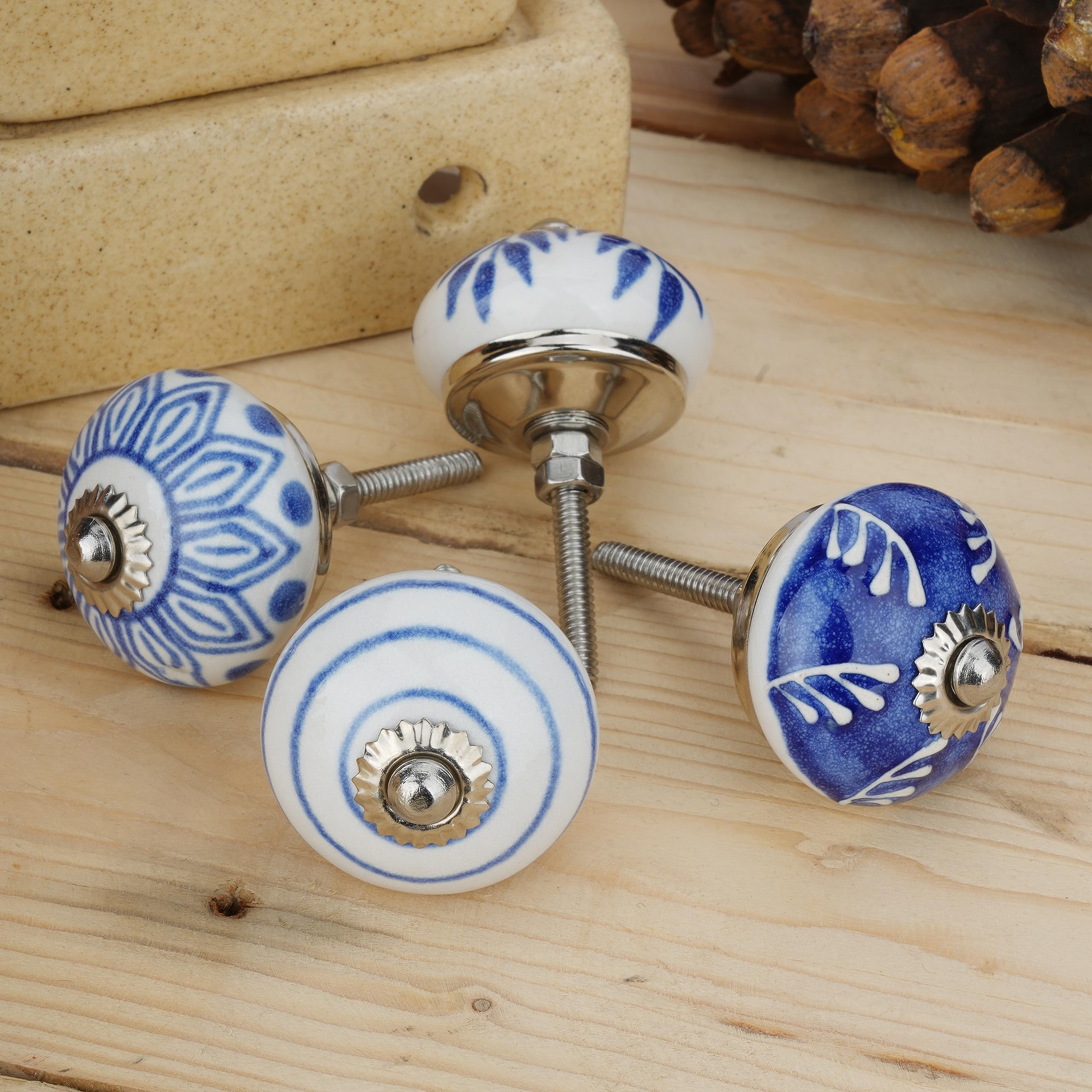 Ajuny Set da 10 Pomelli Cucina in Ceramica Blu e Bianco – Dipinti a Mano, Finitura Lucida – Maniglie Decorative per Mobili, Ante di Armadi Cassetti di Cucina e Bagno – Viti Incluse