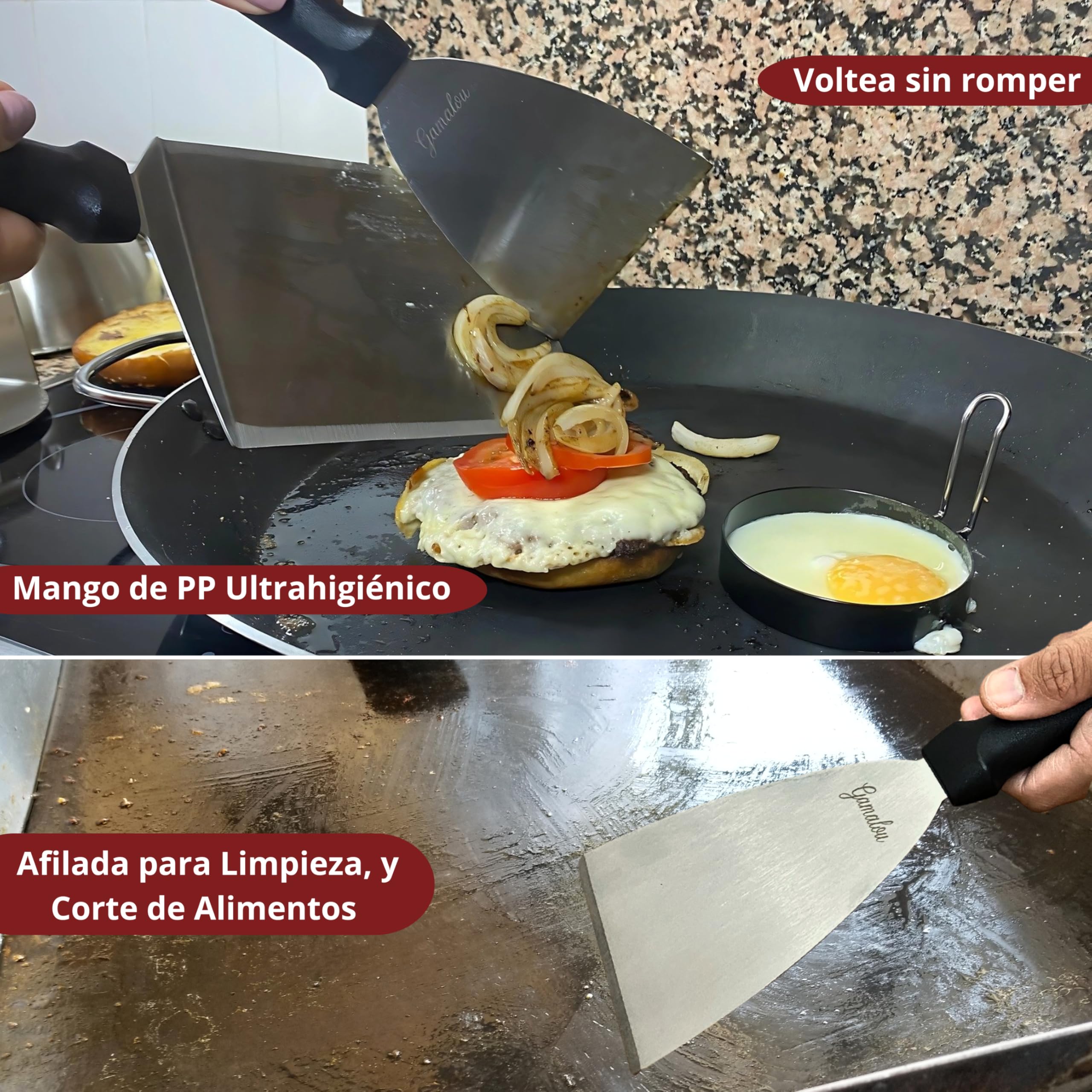 Smash Burger Profesional Kit Inox 304: Prensa Hamburguesas Smasher Antiadherente, Set de 2 Campanas, Espátulas y Bote para Especias, Ideal para Parrilla, Plancha o Sartén - Certificado UE