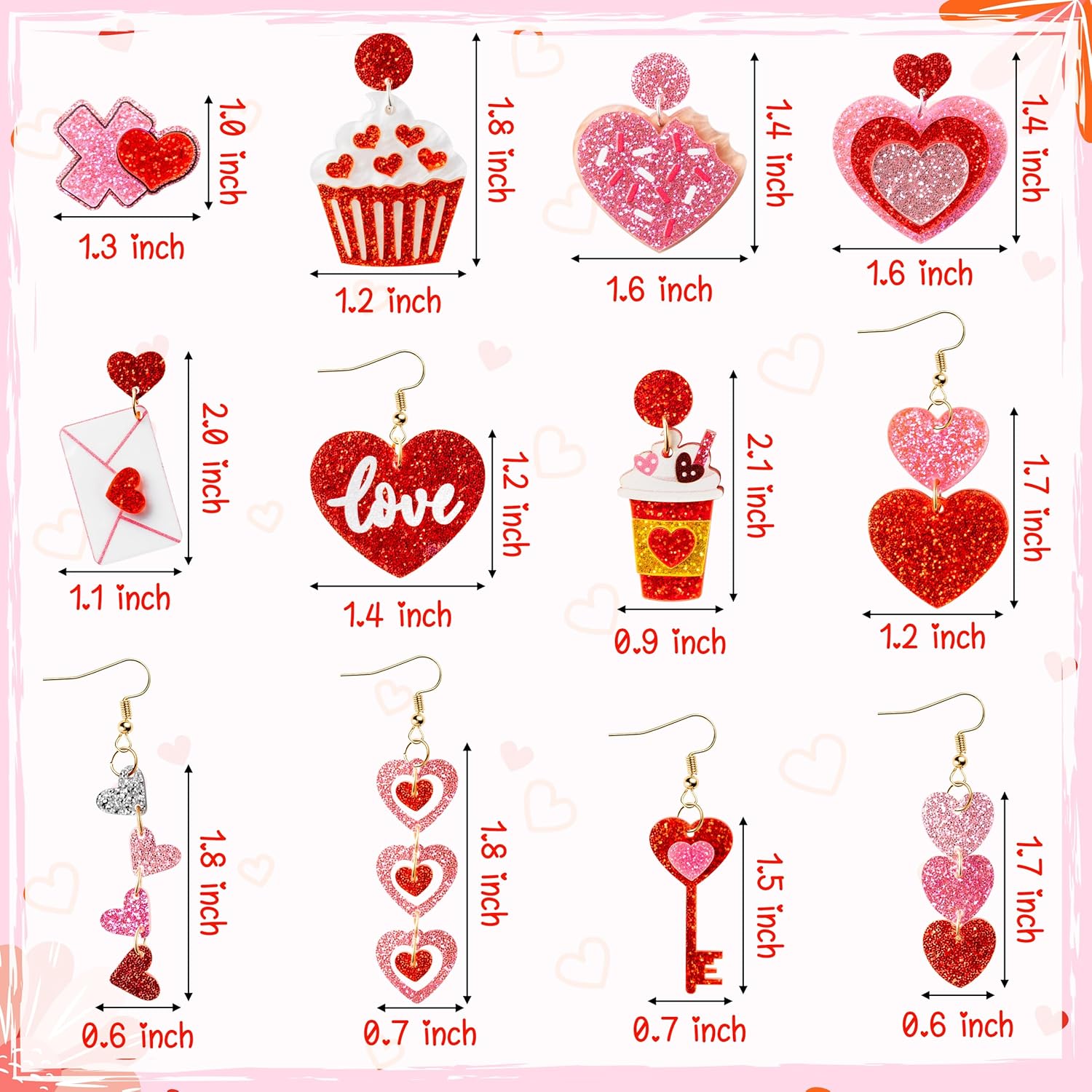 Y1tvei Valentine's Day Glitter Earrings - 12Pairs Valentine's Day Pink Red Heart Earring Sparkly Glitter Love Drop Dangle Acrylic Earring Lightweight Cute Ear Decoration Holiday Jewelry Gift for Women - Image 2