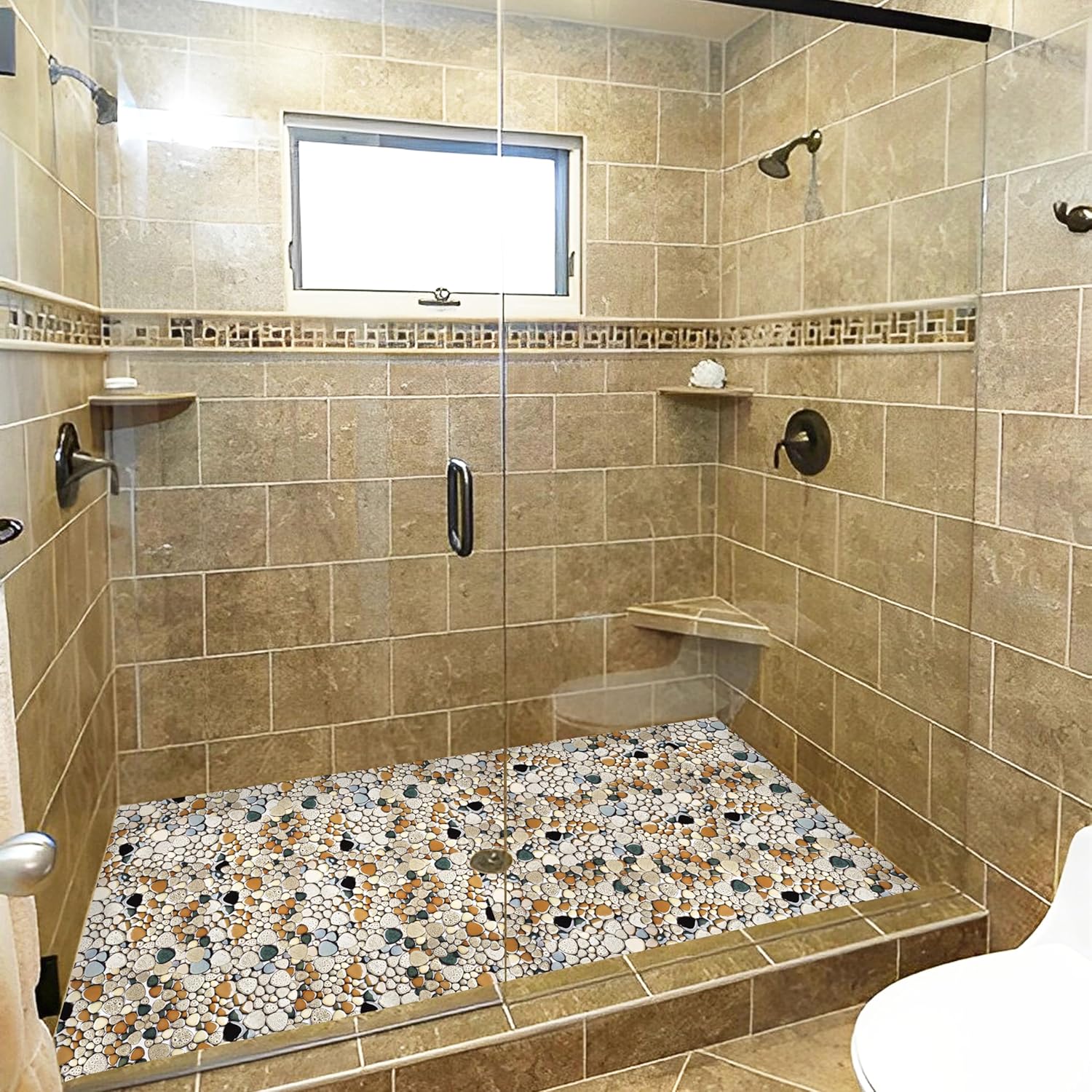 Pebble Stone Mosaic Tiles 5 Sheets, Beige Tan Brown Ceramic Mosaic Sheets Mesh Mounted 12x12, Glazed Porcelain Tile for Shower Floor Kitchen Bathroom Accent Wall Backsplash 【5 Sheets】