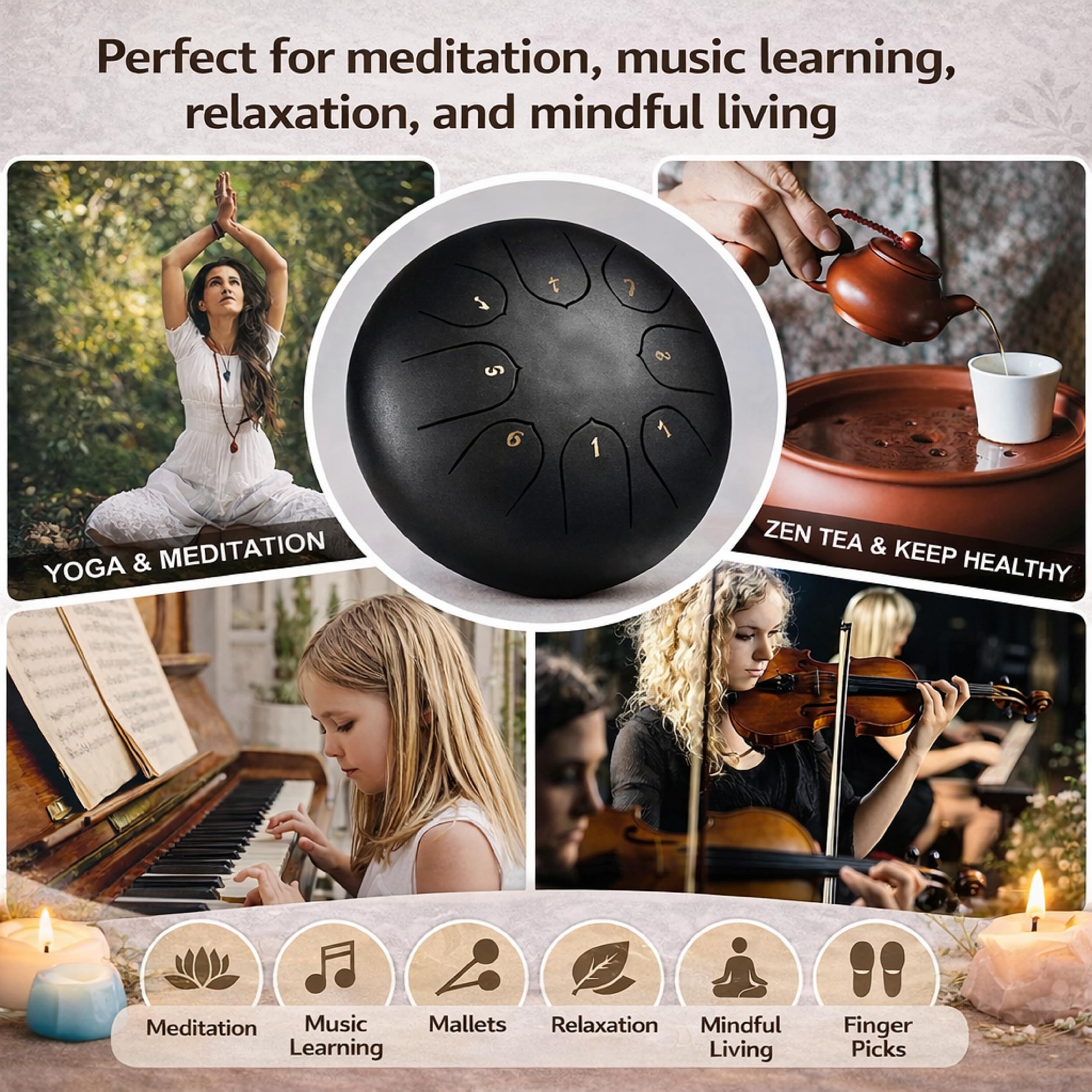 Truenix Steel Tongue Drum 8 Note, 6 inch Percussion Instrument Handpan Drum with Bag, Music Book & Mallets for Kids & Adults Meditation Musical Education Concert Mind Healing Yoga Rain Drum Black 1pcs 4