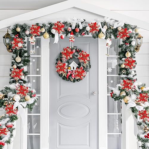 Miniatura 8 de SITUMEIZI 24 Piezas Flores de Pascua Artificiales de Navidad Rojas Doradas 5.5" Flores de Pascua con Purpurina Decoraciones de Navidad Flores de