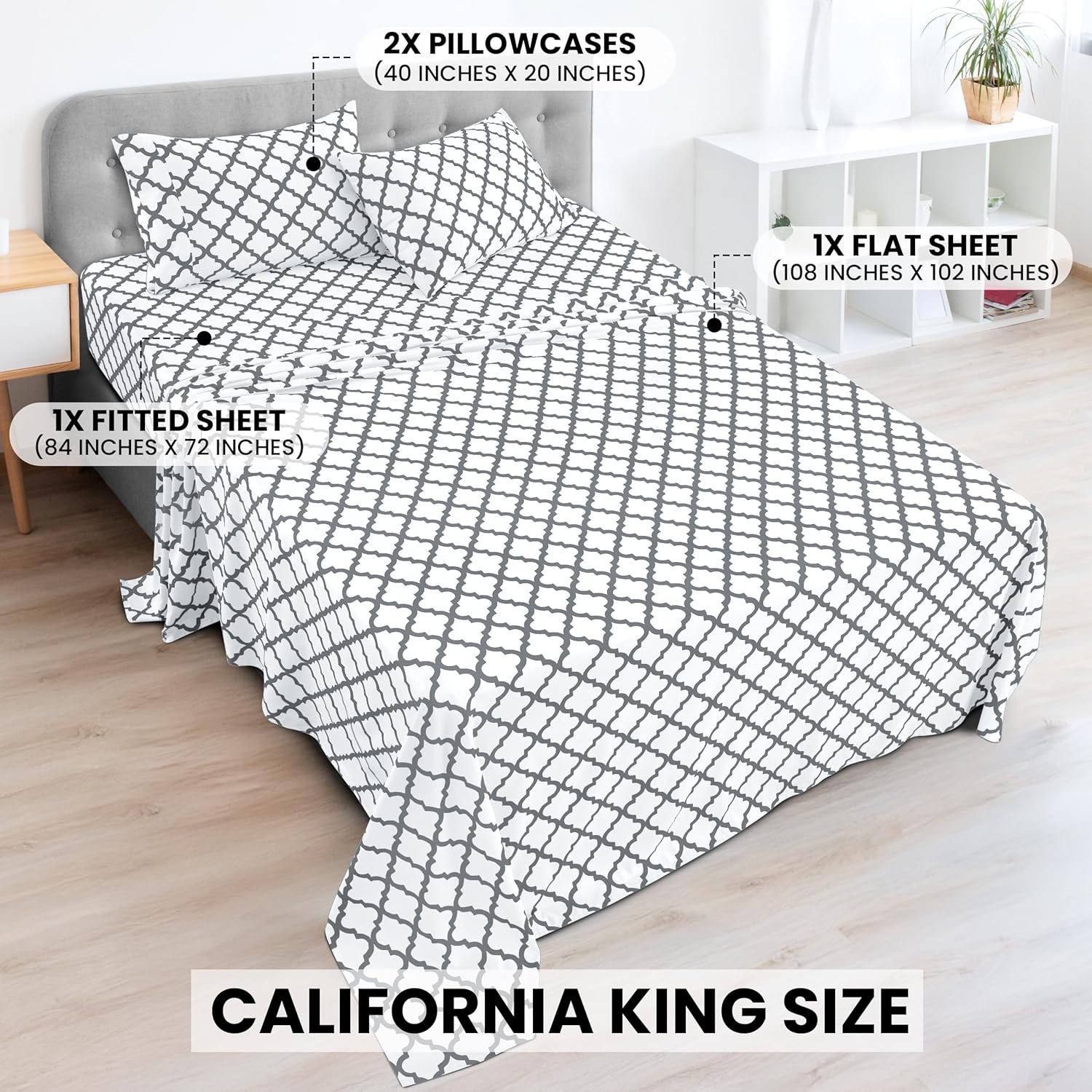 LUX Décor Quatrefoil Cal King Sheet Set - 4 Piece Ultra-Soft Microfiber Bed Sheets with Flat Sheet, 16 Inches Deep Pocket Fitted Sheet & Pillowcases, Breathable, Bedroom Decor, Oeko-TEX - Grey