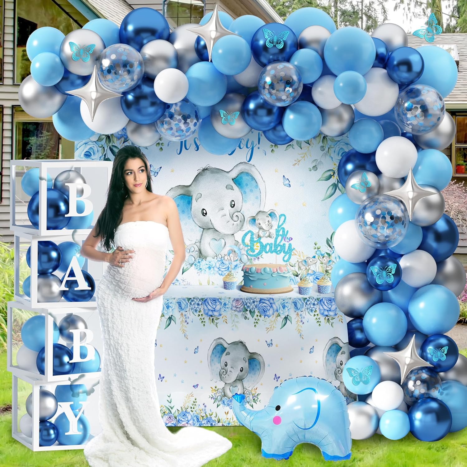 Elephant Baby Shower Decorations for Boy Elephant Themd Birthday Party Supplies Balloon Garland It's a Boy Backdrop Tablecloth Cake Toppers Foil Balloon for Baby Shower Decor