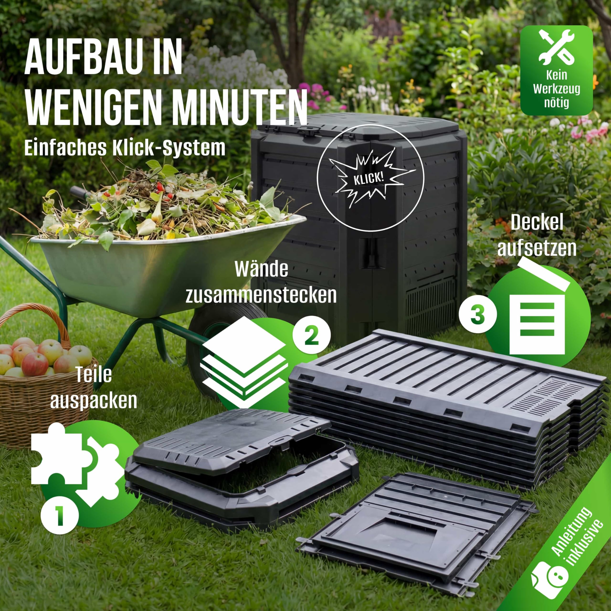 DEUBA® Komposter 800L 135x72x83cm witterungsbeständig Deckel klappbar Gartenkomposter Thermokomposter Schnellkomposter