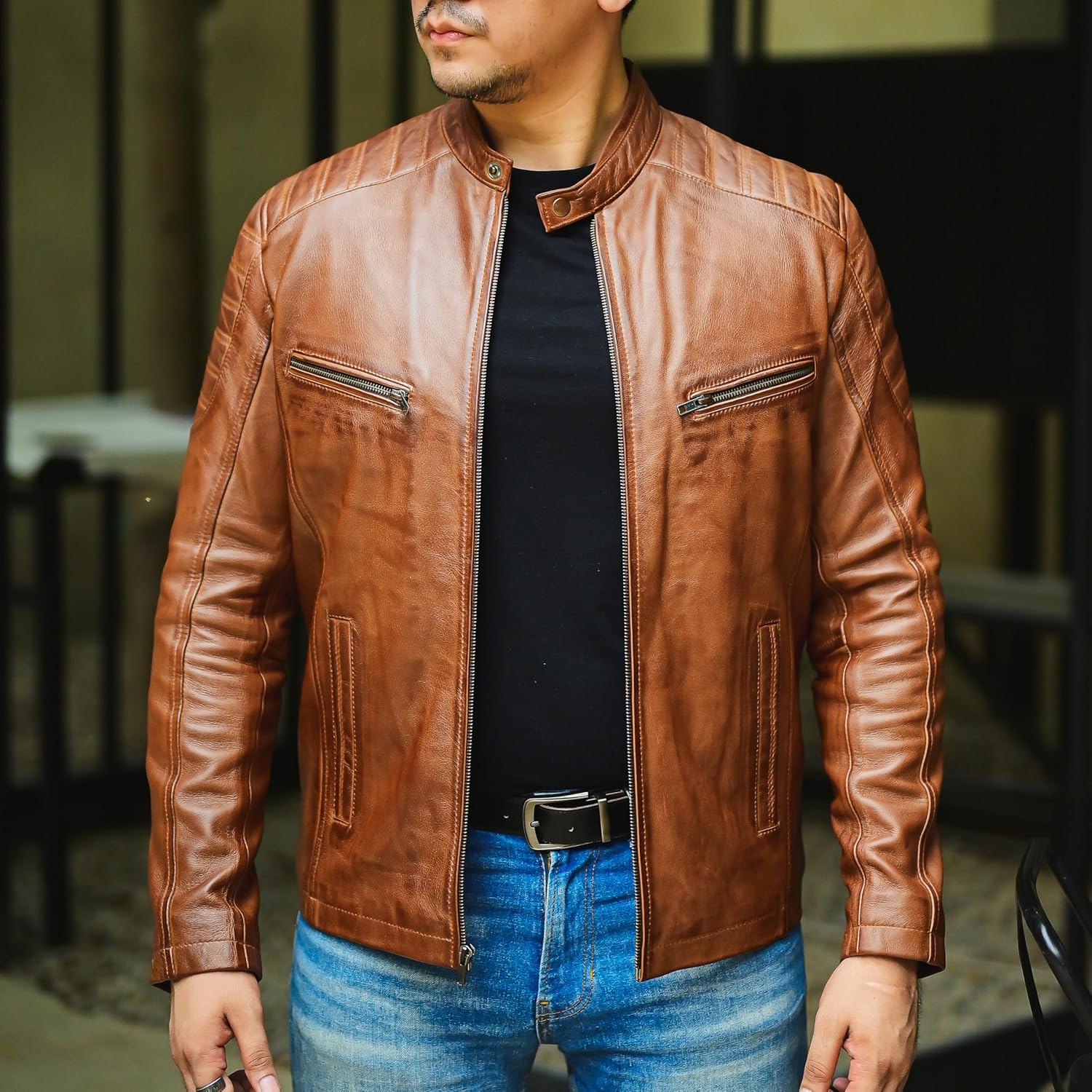 Jild Timeless Classic Leather Jacket Men - Biker Style Real Lambskin Café Racer Vintage Look Motorcycle Jackets for Men - Image 4