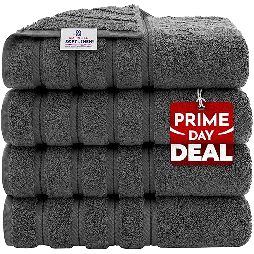 American Soft Linen Luxury 4 Piece Bath Towel Set, 600 GSM 100% Cotton Turkish Bath Towels for Bathroom, 27x54 in Large Bathroom Shower Towels, Dark Gray