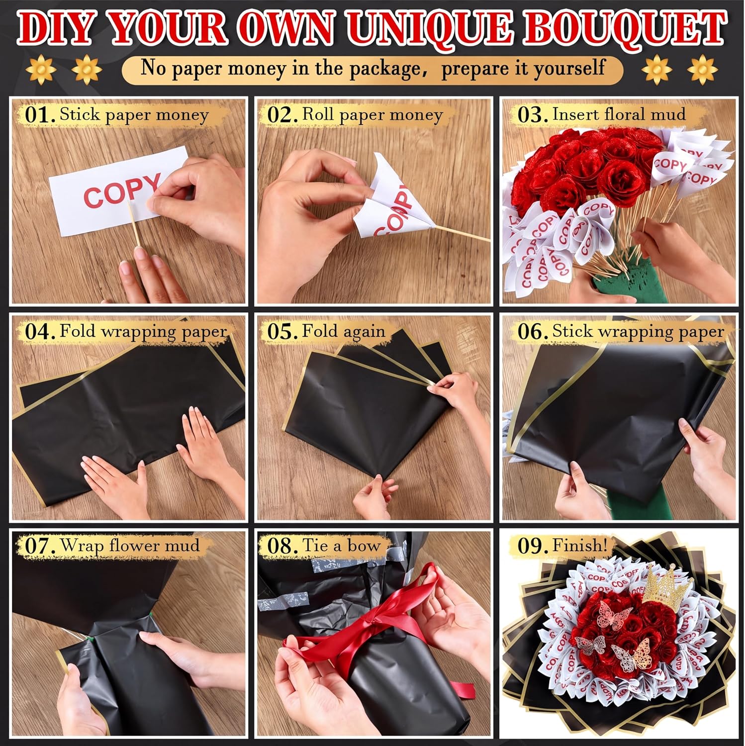 Fullhawl Bouquet Kit 48 Sheets Flower Wrapping Paper 48 Butterflies 4 Crowns 18 Cards 150 Bamboo Skewers Flower Bouquet Accessories for Birthday, Graduation, Wedding Gifts(Black, White, Pink)