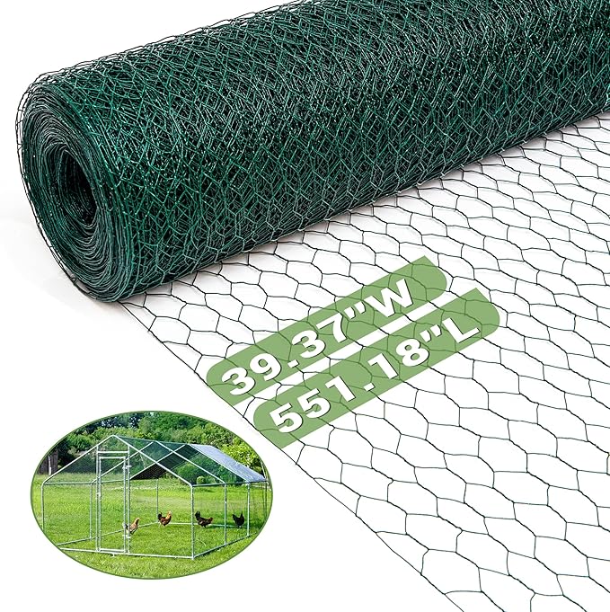 Chicken Wire Fencing Mesh 3.28 ft x 45.93 ft, Galvanized Hexagonal Floral Green