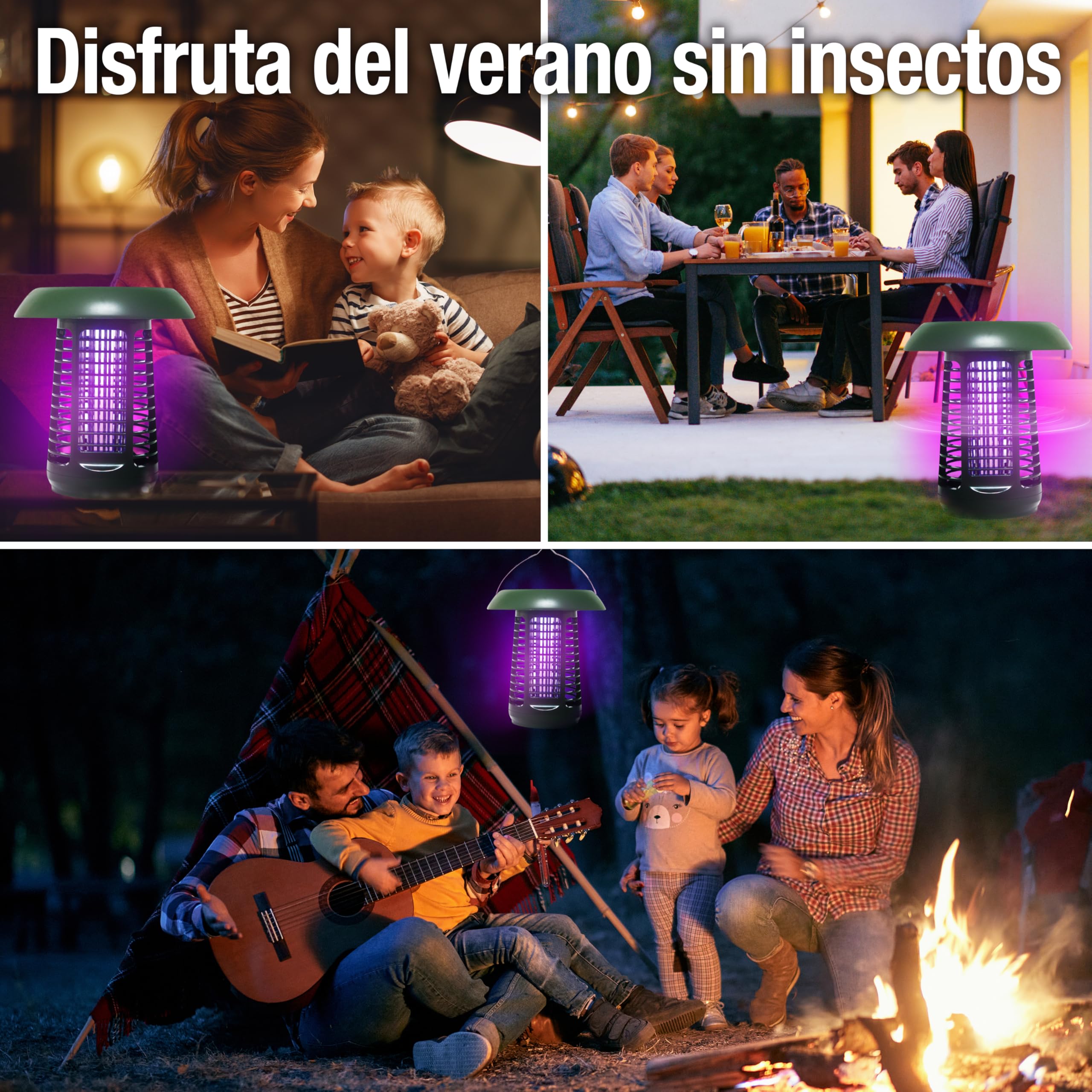 Lámpara Solar Antimosquitos 2 en 1: Luz UV Anti-Insectos + Luz Blanca Iluminación. Interior/Exterior. Energía Solar + Red (Incluye Adaptador) Portátil: Ideal jardín, terraza, Camping. Gran Autonomía