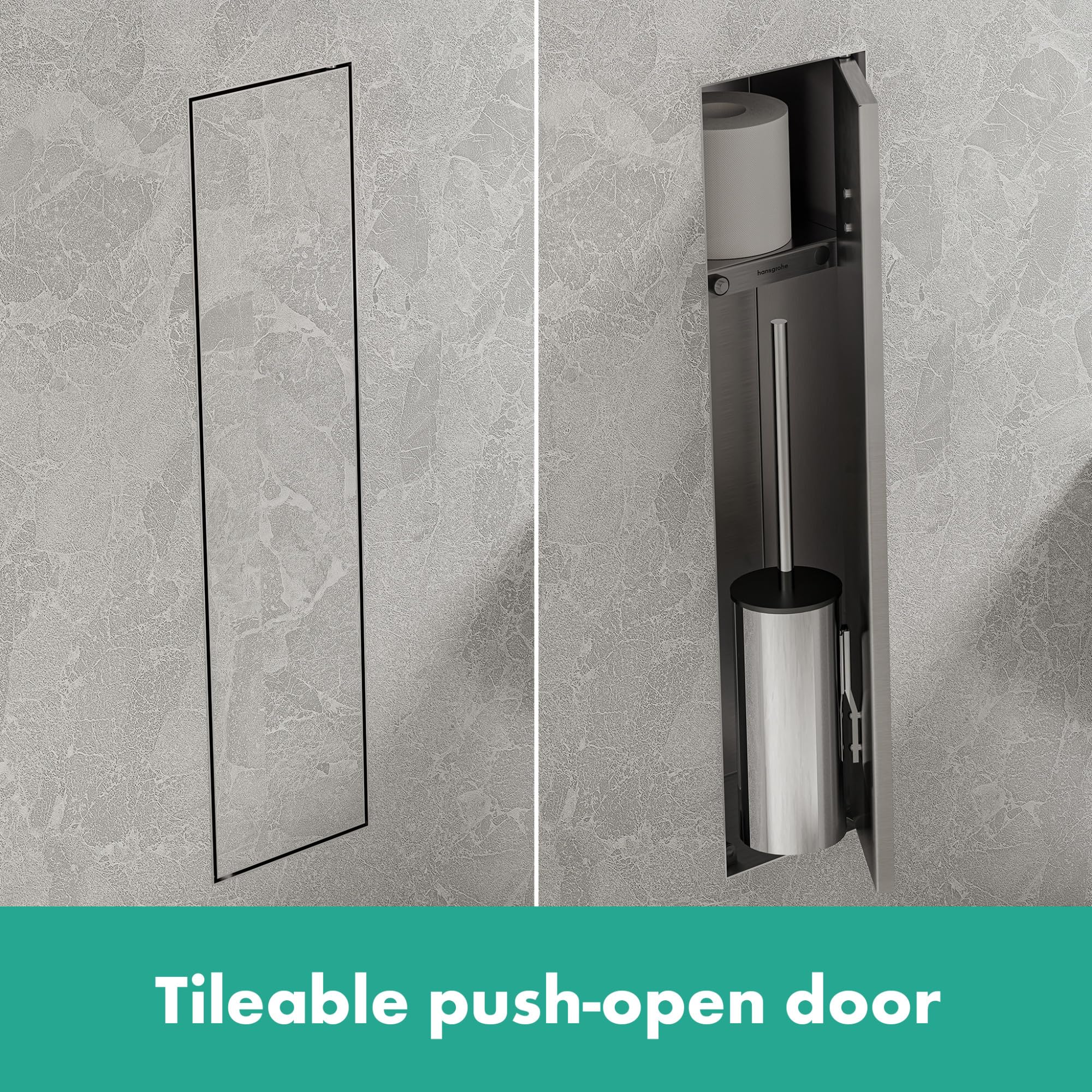 hansgrohe XtraStoris Rock, escobillero baño empotrado con repisa y puerta alicatable, nicho pared baño, escobilla wc empotrada, escobilla baño, accesorios baño, acero inoxidable cepillado, 56060800